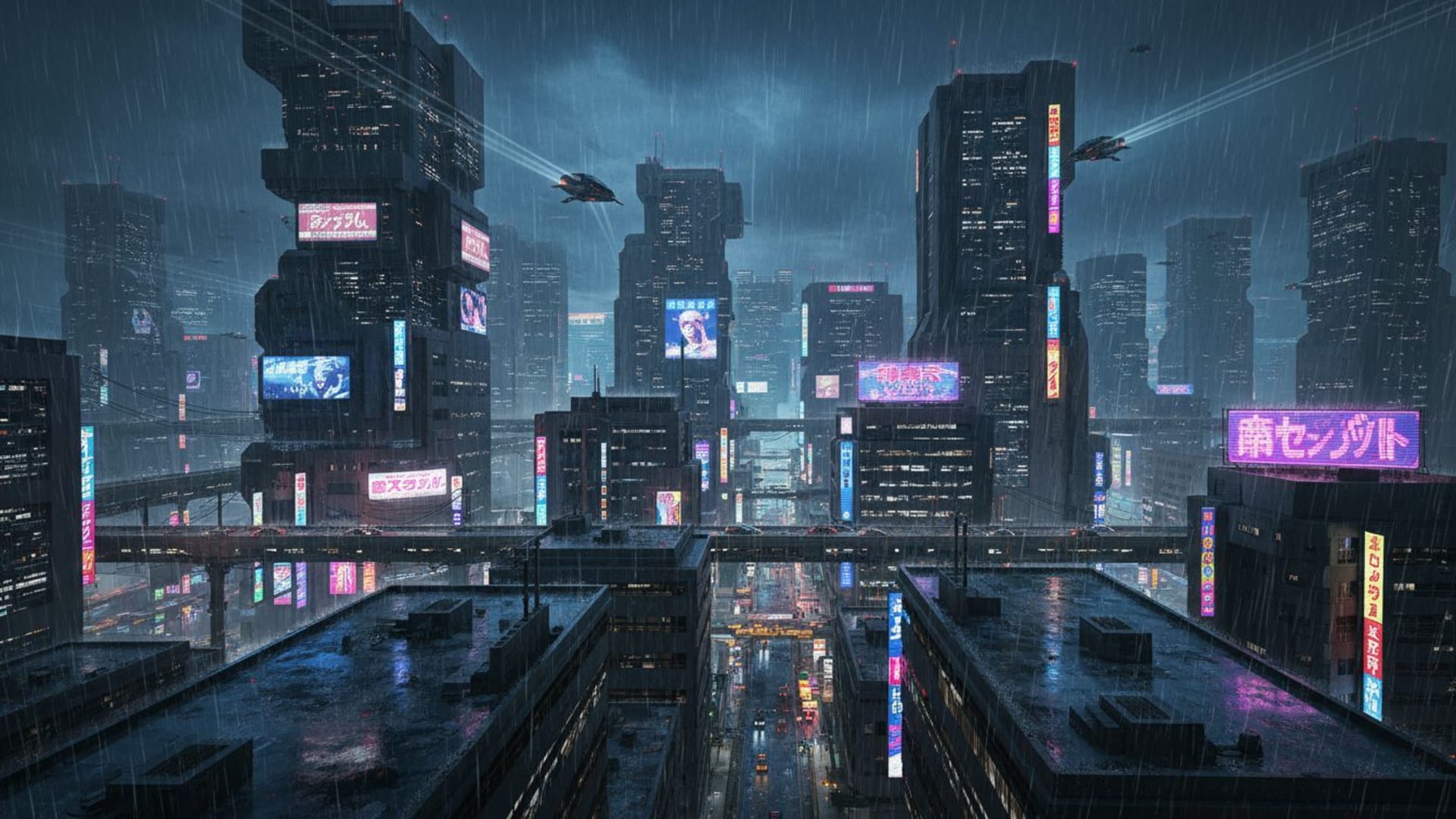 Un paysage urbain cyberpunk sous la pluie, enseignes au néon, reflet, ligne d'horizon futuriste, nuit, dystopique, lueur, publicités