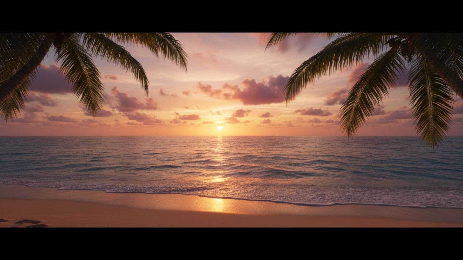 coucher de soleil tropical plage feuilles de palmier vagues de l'océan brise douce teintes chaudes apaisant fond ecran
