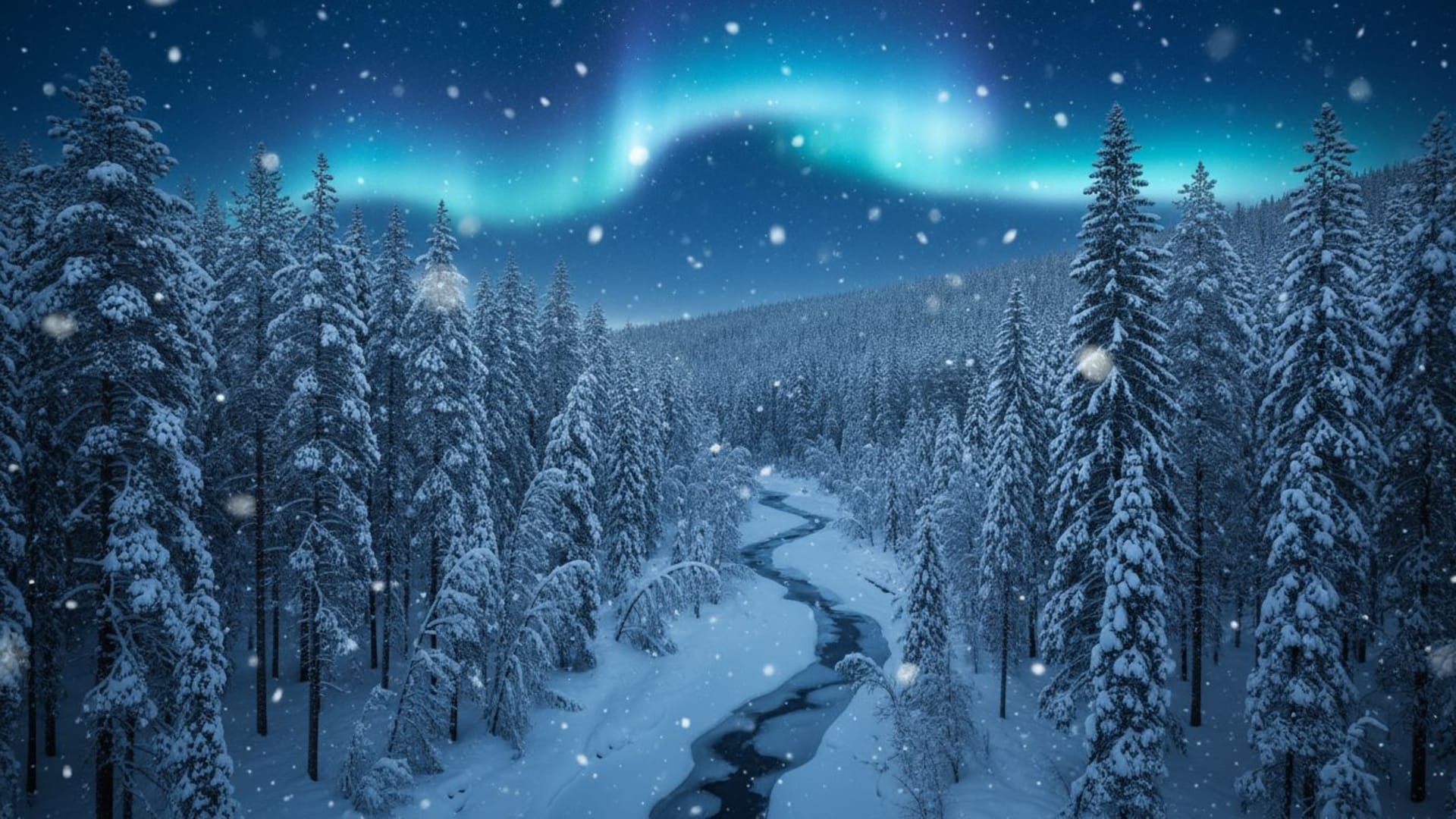 Forêt enneigée, nuit d'hiver, flocons bleus et blancs, lueur magique semblable à une aurore.