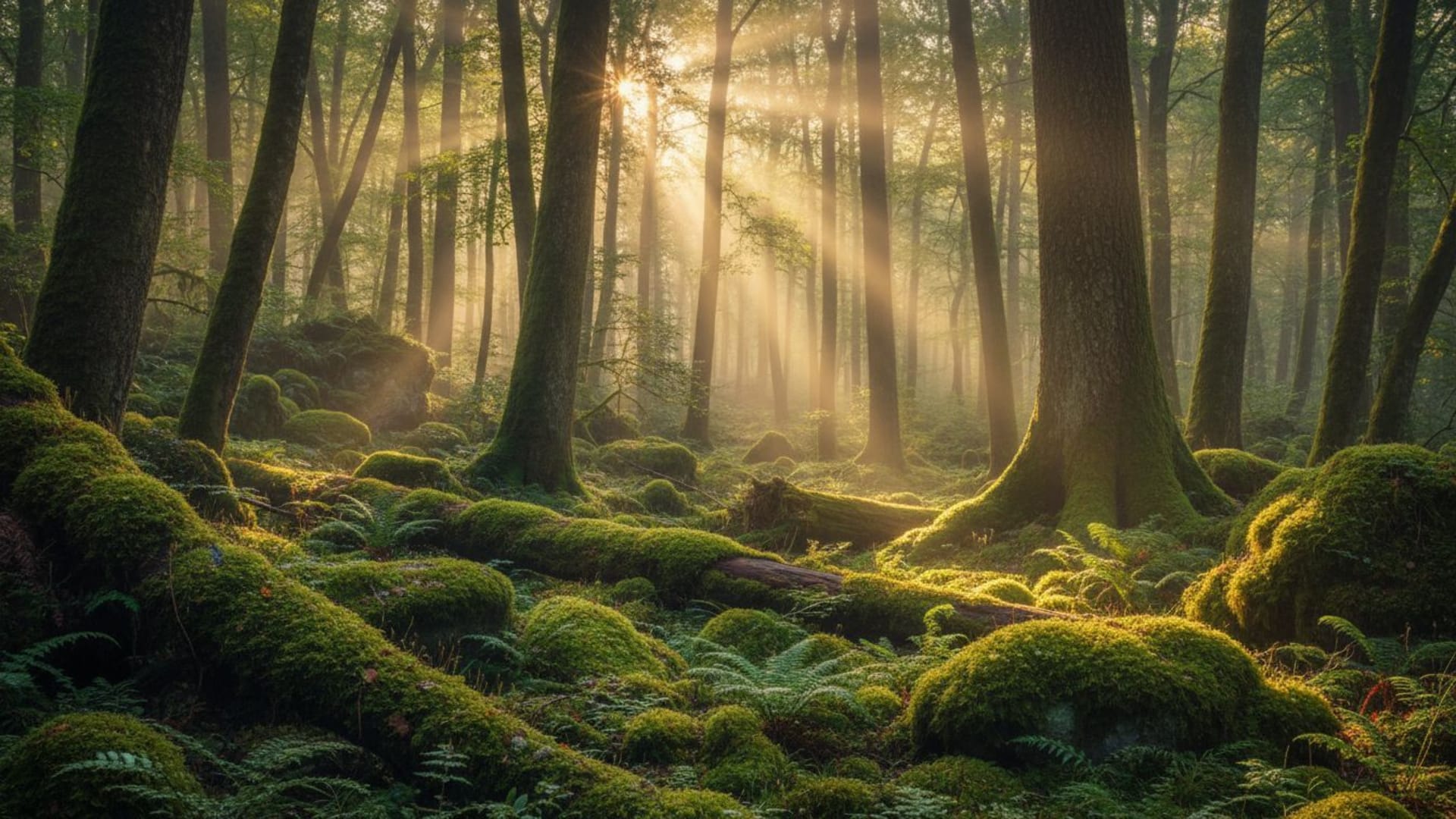 lumière du matin dans la forêt rayons du soleil à travers les arbres textures verdoyantes et mousseuses fond ecran