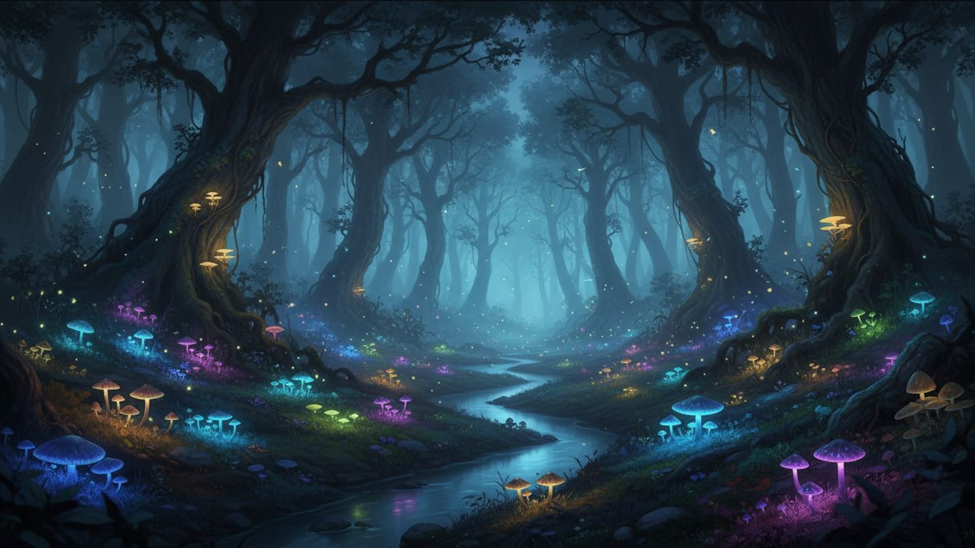 forêt bioluminescente fungi brillants lumières magiques nuit fond ecran lueur mystique