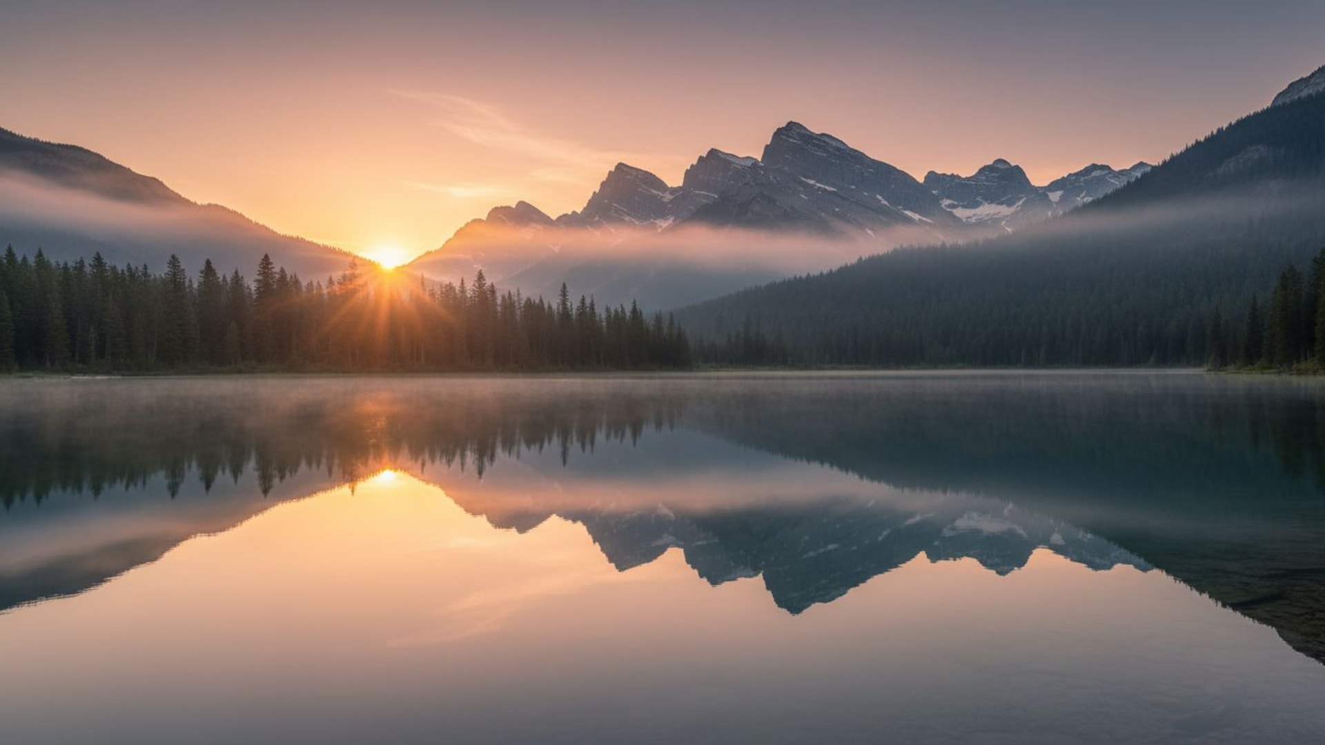 reflets de lac de montagne forêt de pins matinée d'altitude brouillard lever du soleil paysage paysage paisible termes de recherche
