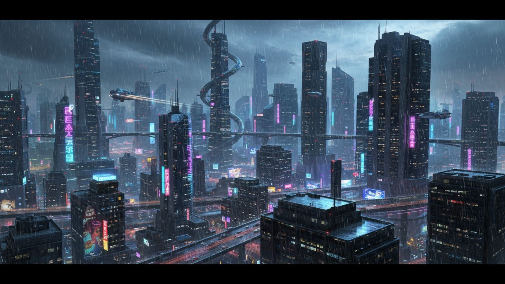 nuit urbaine horizon néon pluie réflexions architecture futuriste vibrant atmosphère sombre fond ecran mots-clés