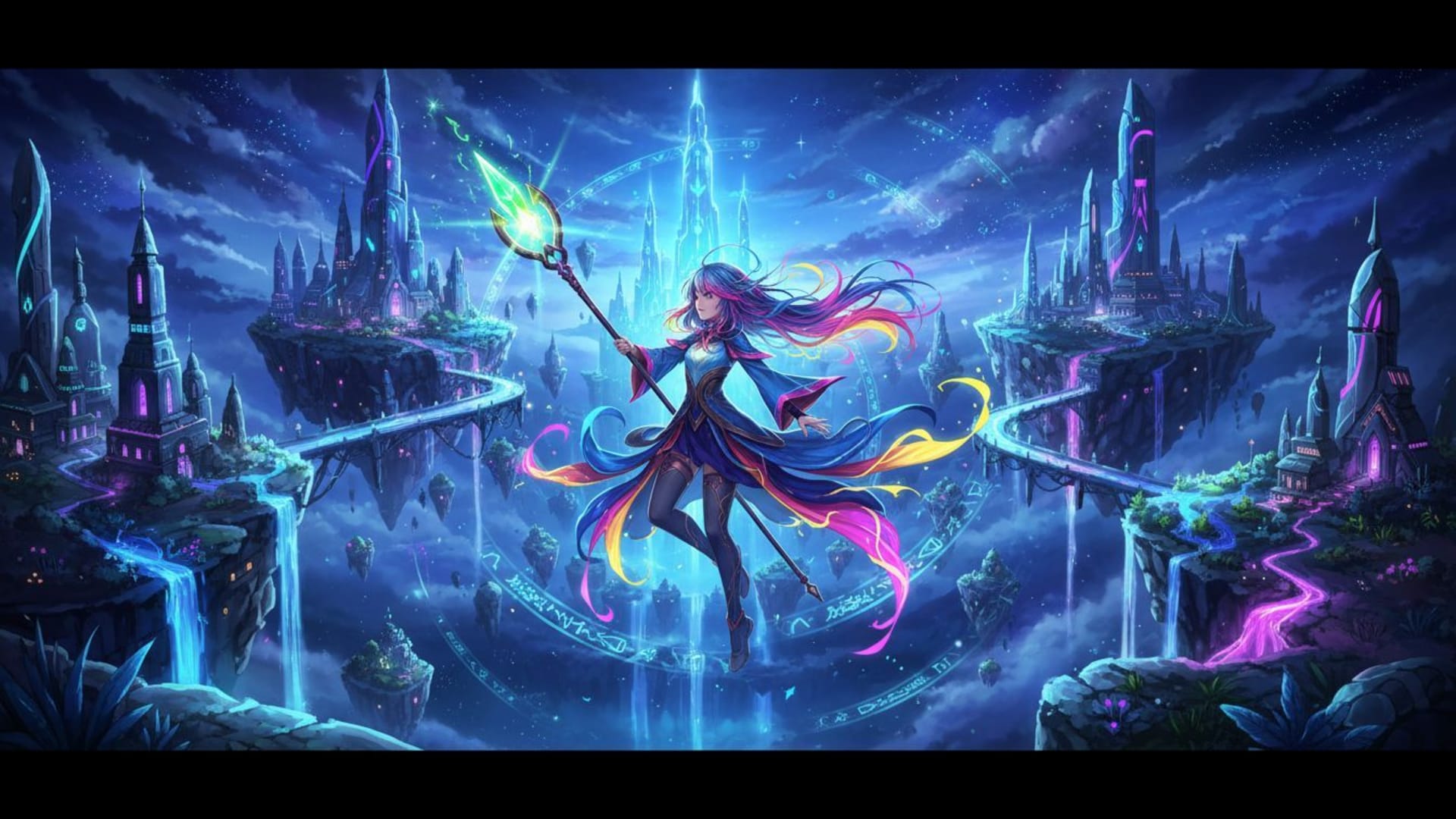 illustration d'anime personnage vibrant monde magique éclat néon fond d'écran fantaisie mots-clés