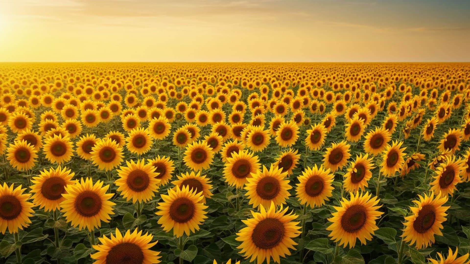 Le paysage d’un champ de tournesols est d’un jaune vibrant, l’horizon est sans fin et le fond ecran doré et lumineux.