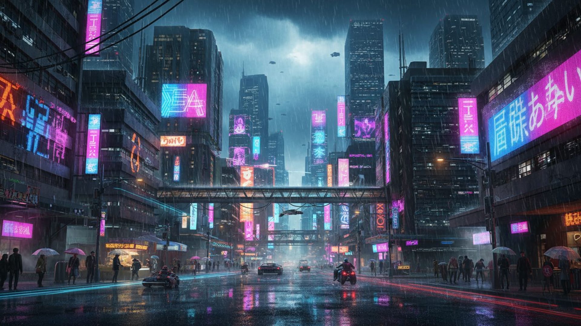 scape urbain cyberpunk nuit pluvieuse enseignes au néon rues encombrées ambiance futuriste idées de fond ecran