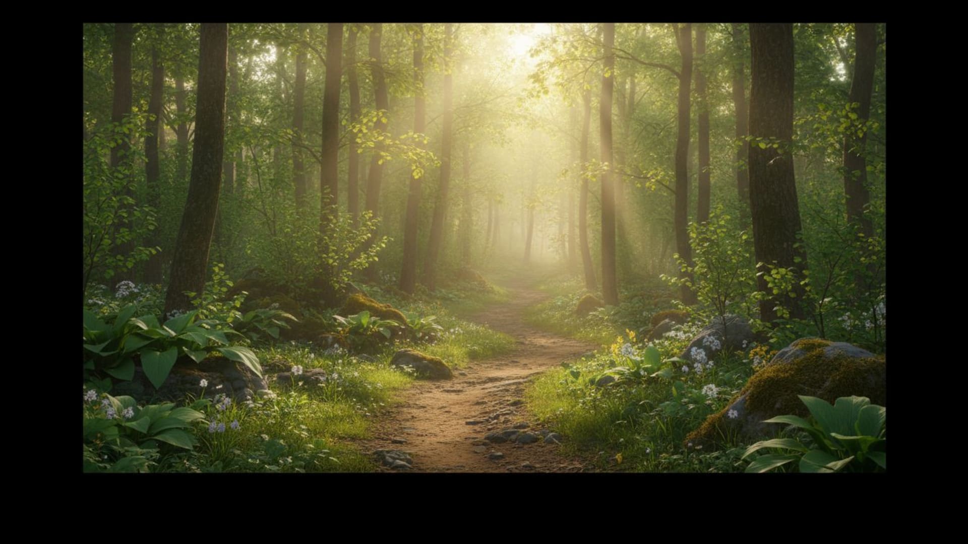 Sentiers forestiers rayons de soleil lumière tachetée nuances de vert matin paisible de printemps fond d'écran mots-clés