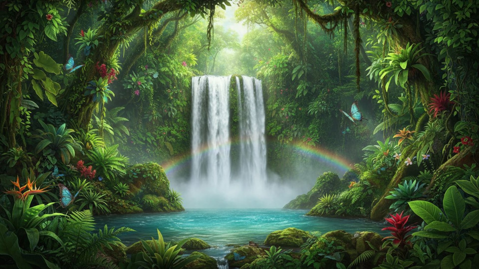 cascade de jungle tropicale végétation luxuriante brume humidité couleurs vives paysage de rêve fond d'écran recherche
