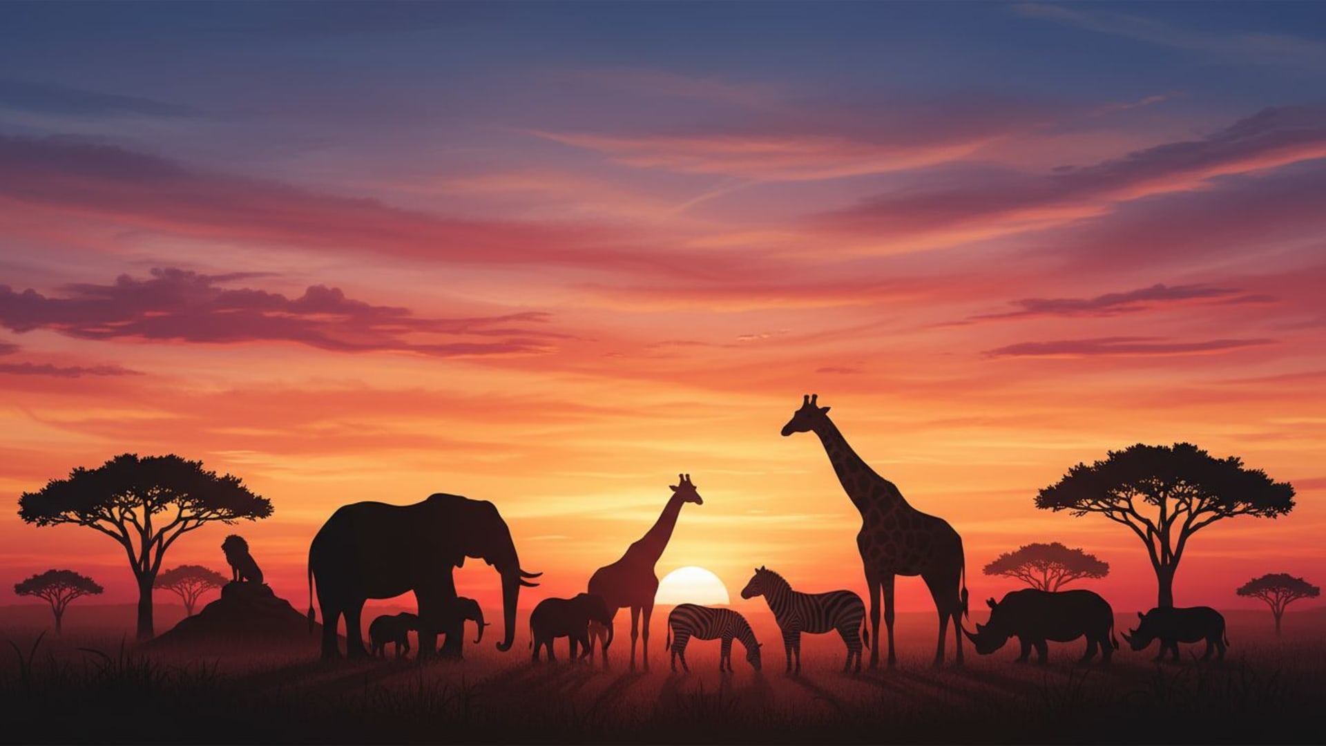 animaux de safari sauvage silhouettes coucher de soleil savane fond d'écran paysage tropical nature photo de stock mots-clés
