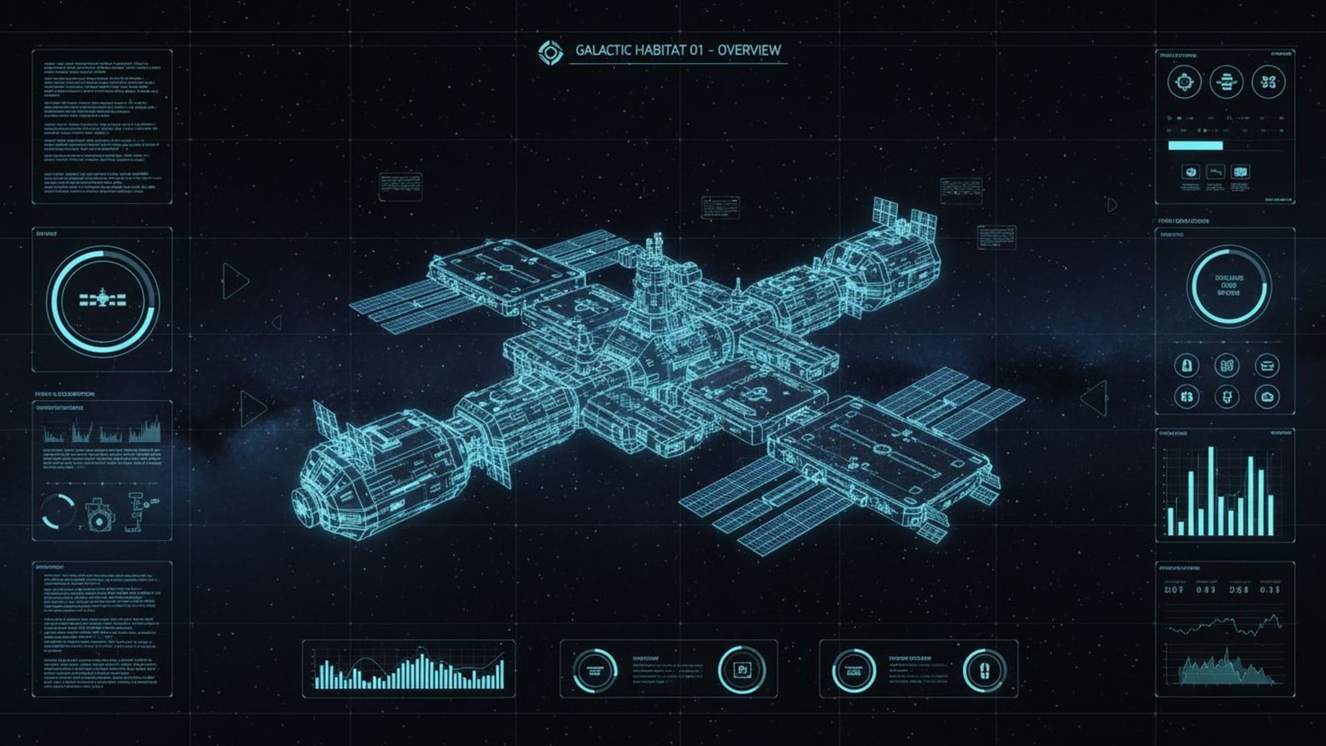 planchette de conception d'interface utilisateur futuriste pour station spatiale, mode sombre épuré, ensemble de fonds d'écran