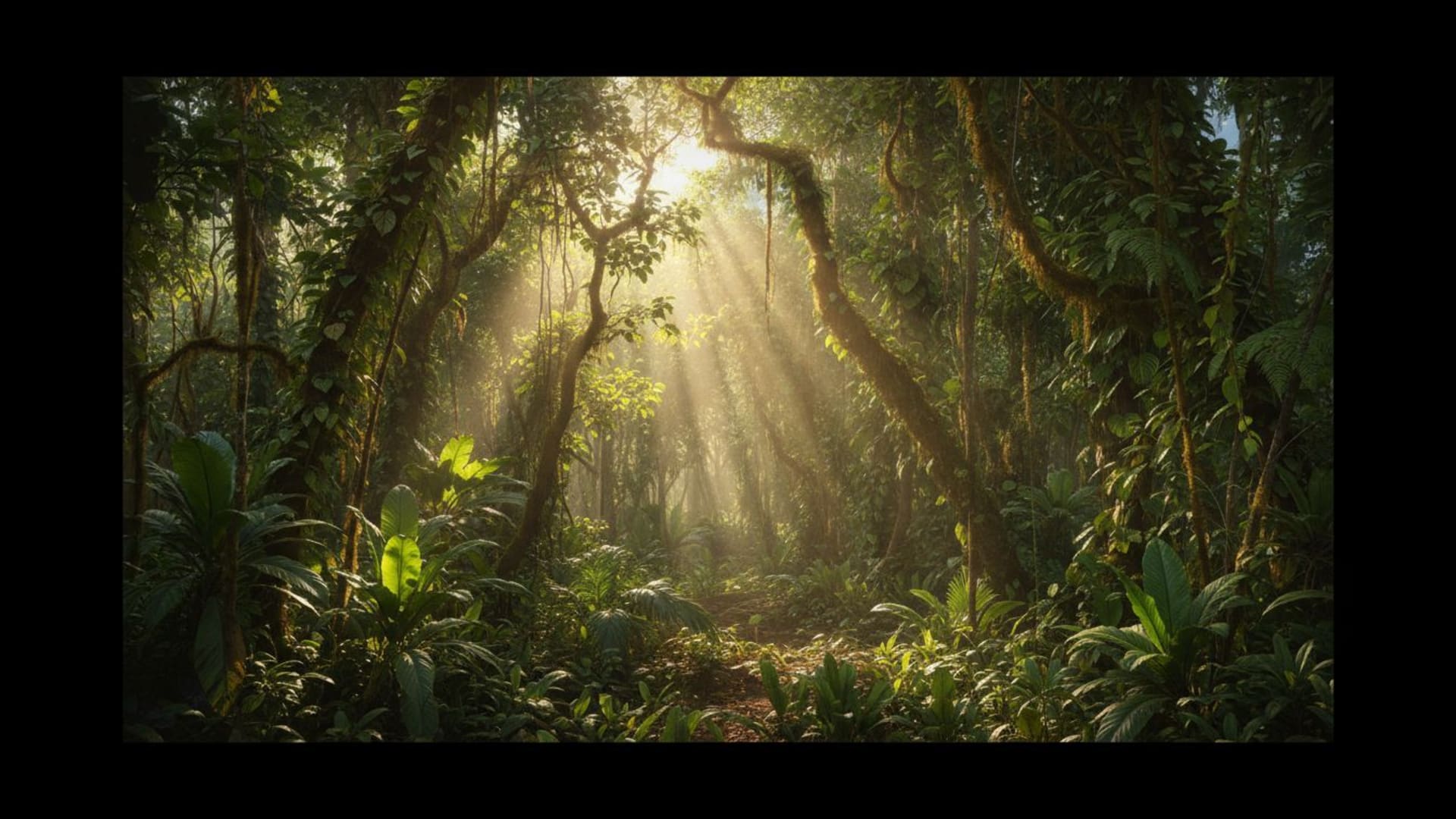 Les rayons du soleil traversent la canopée de la forêt tropicale dans une jungle sereine avec des textures organiques, mots-clés.