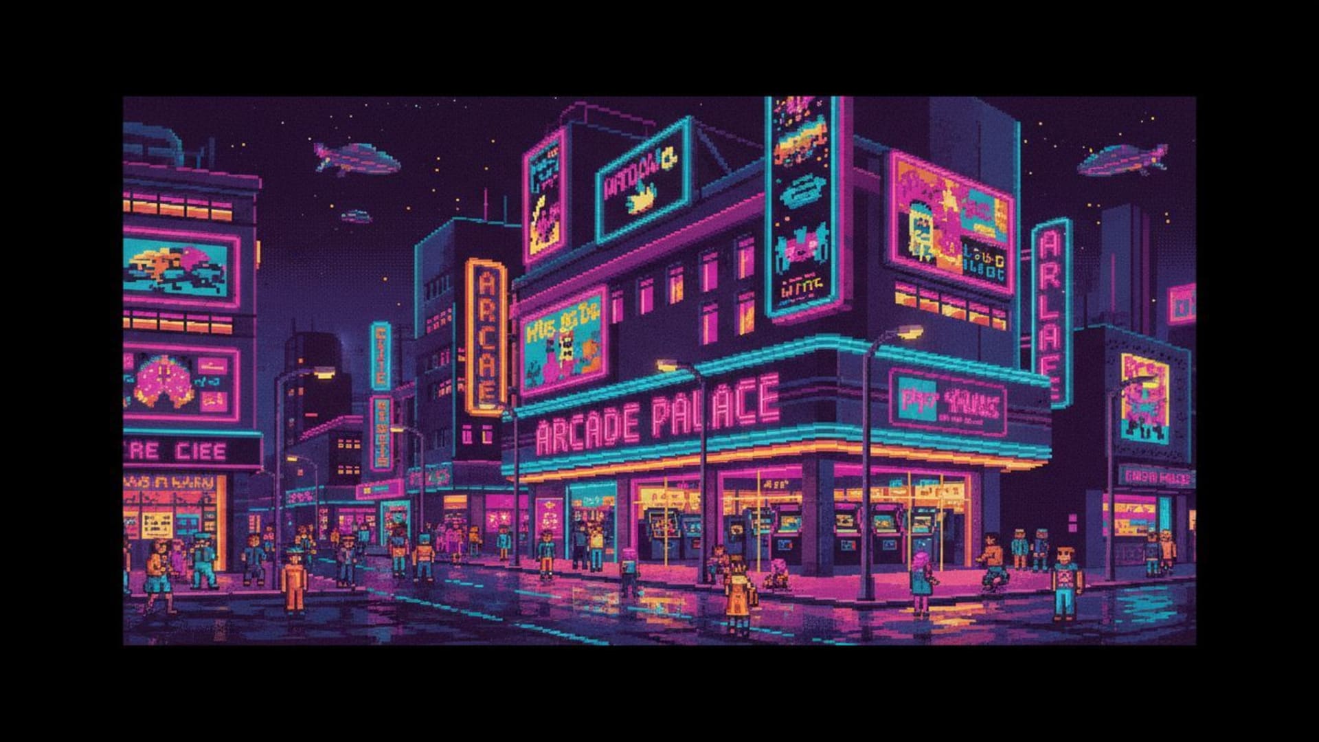 ville en pixel art rétro animée couleurs d'arcade nostalgique fond d'écran esthétique de jeu vidéo des années 80-90