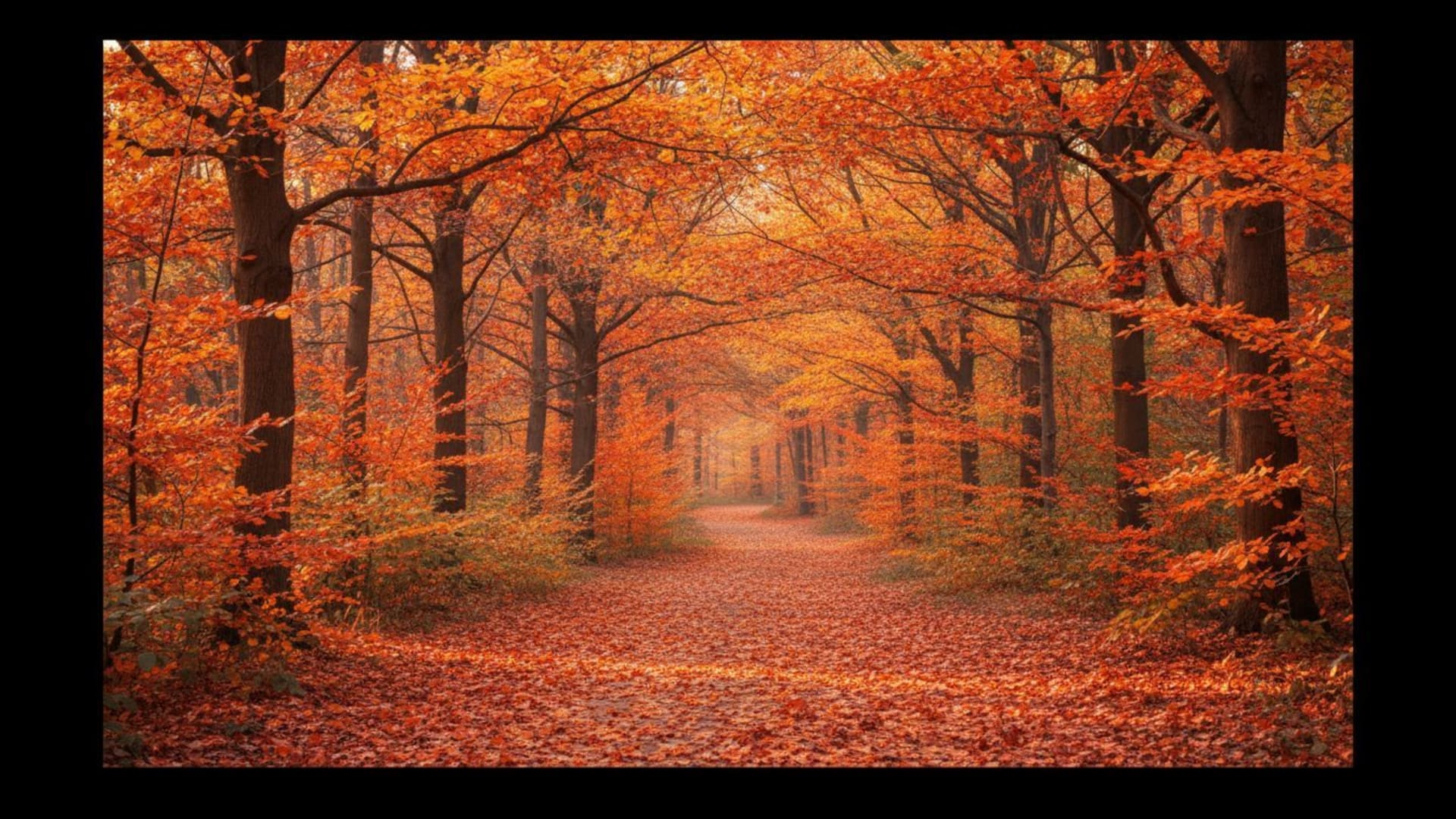 feuillage d'automne arbres feuilles orange, rouges et dorées chemin forestier lumière du soleil fond ecran