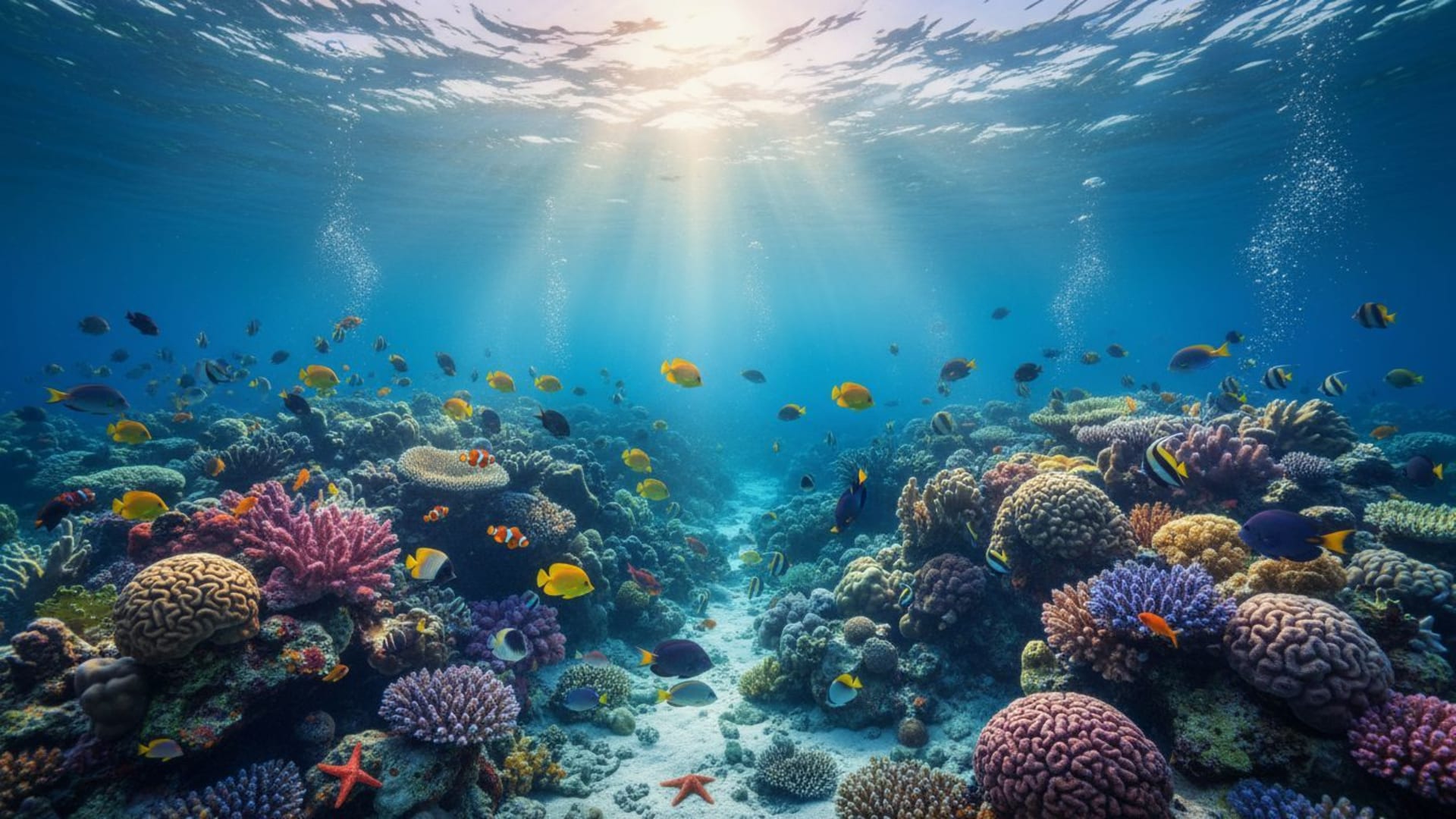 barrière de corail sous-marine poissons tropicaux rayons de soleil eau bleue paisible fond ecran mots-clés