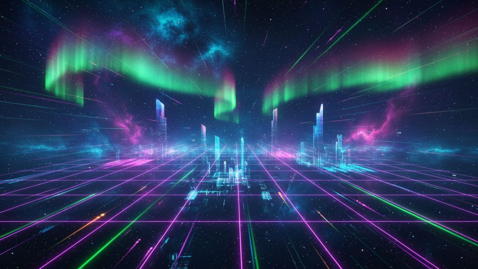 aperçu animé de nébuleuse spatiale dans la Voie lactée avec aurore, néons, grille, inspiré par la science-fiction cyberpunk