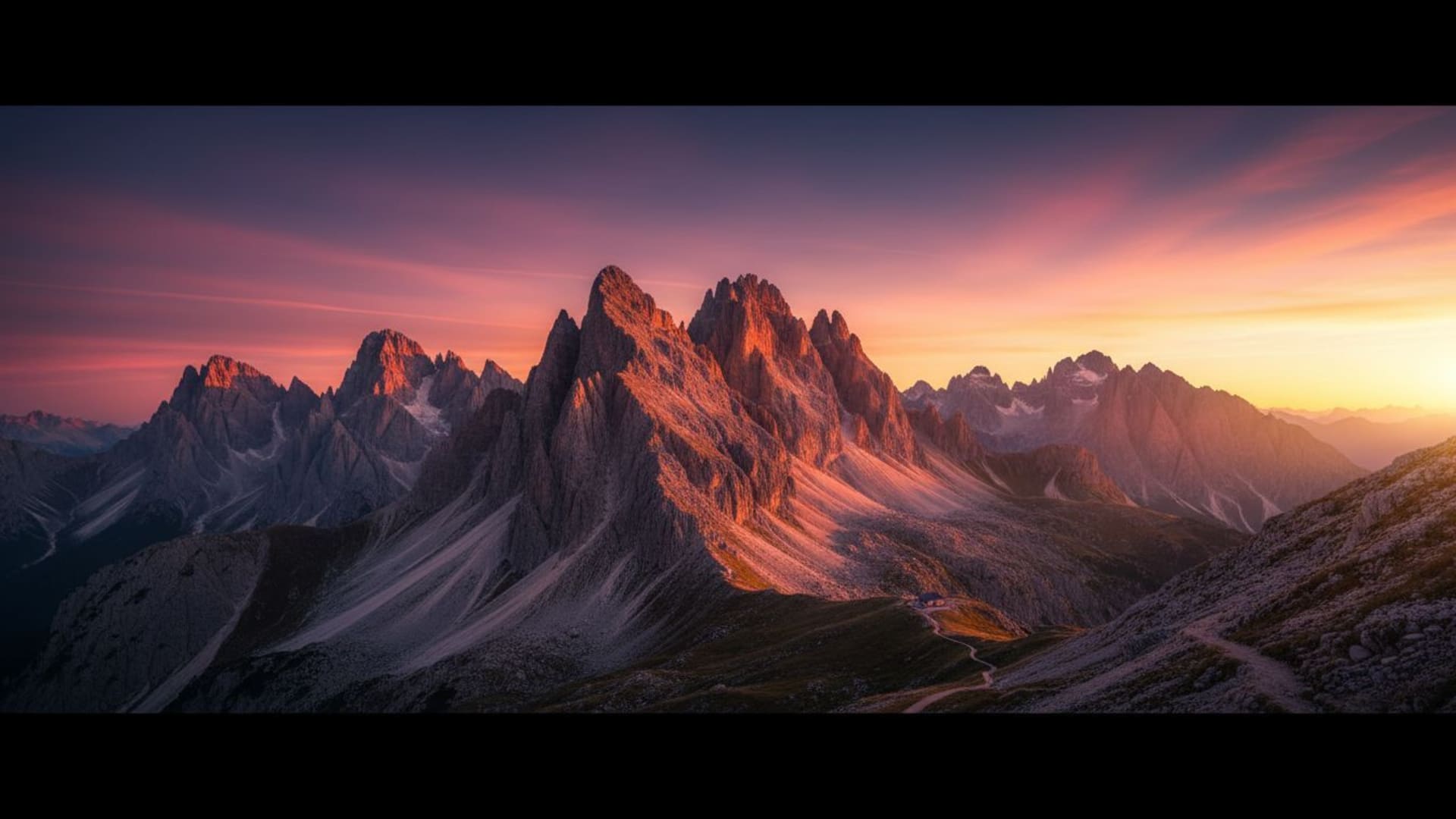 lever de soleil sur la montagne crête alpine ciel dramatique couleurs chaudes contraste élevé image de fond mots-clés