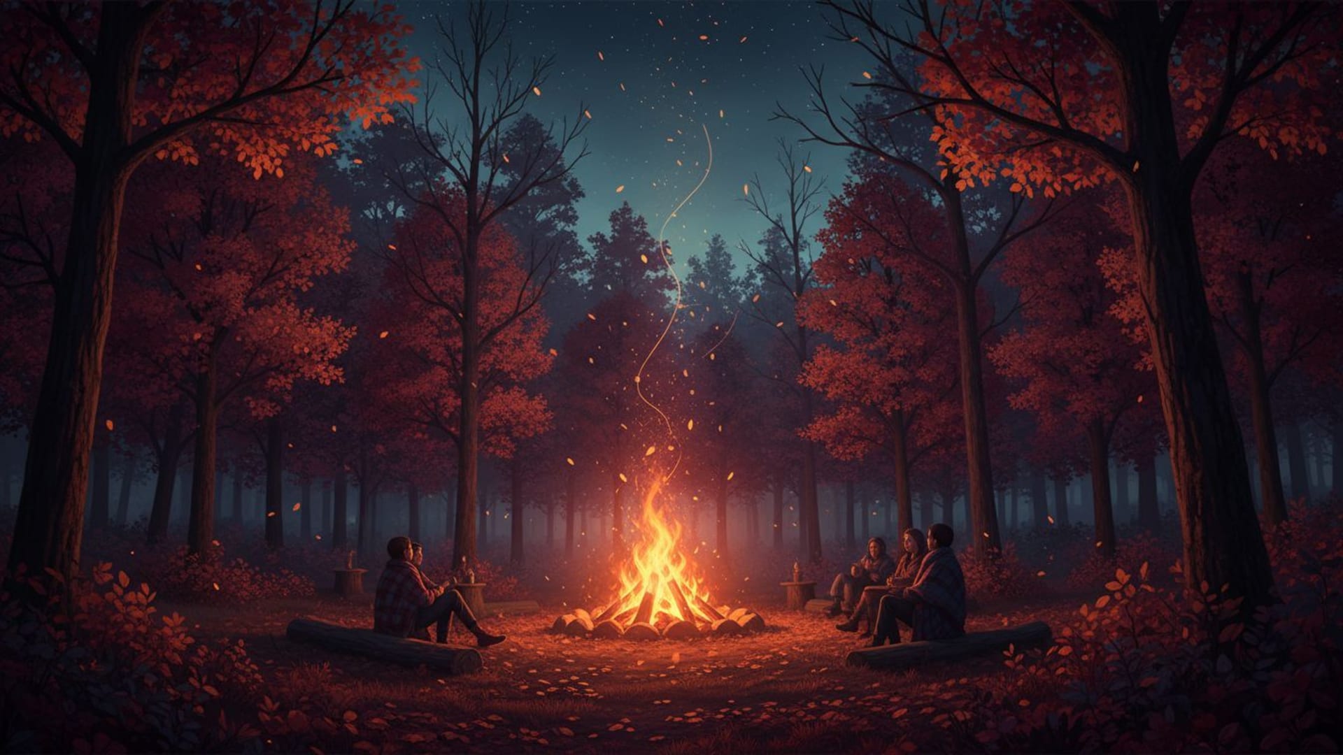Nuit près du feu de camp dans la forêt, lueur chaleureuse, étincelles, silhouettes, ambiance automnale confortable, fond ecran