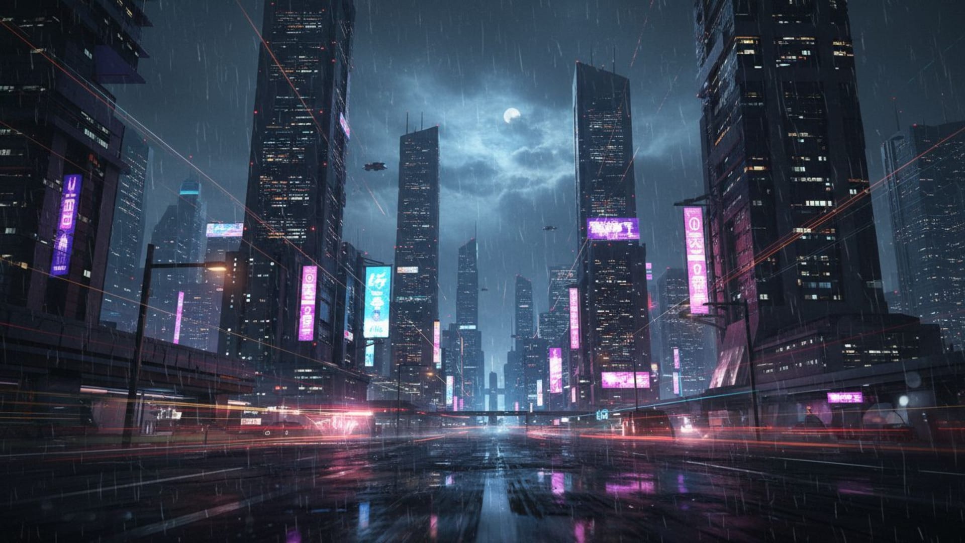 paysage urbain néon de nuit dégradé couleurs floues lumières pluie reflets cyberpunk ville futuriste longue exposition
