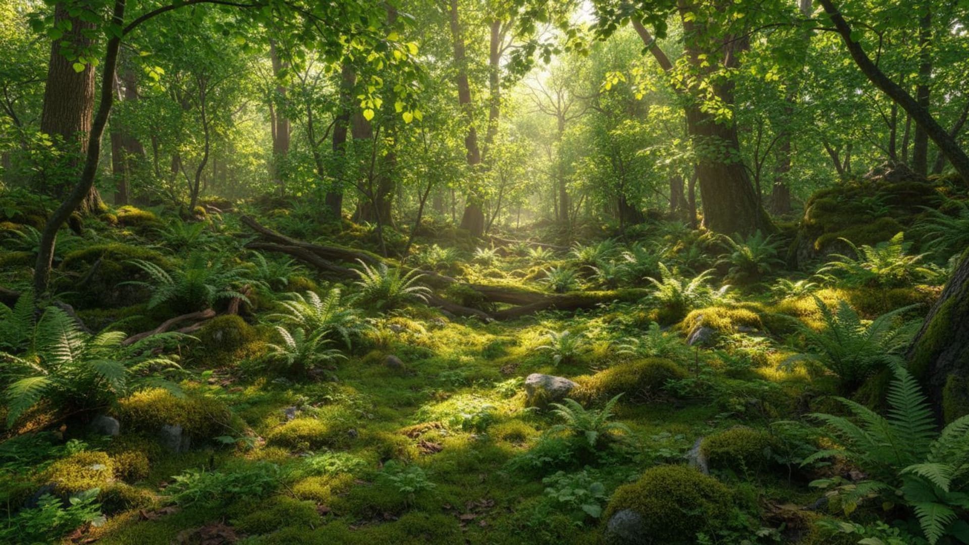 mousse de forêt feuilles vertes clair de soleil lumière tamisée nature fond ecran motif botanique