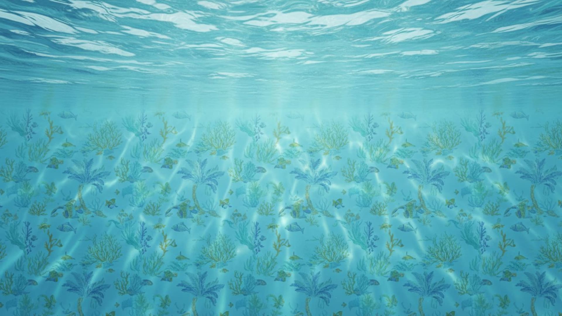 fond ecran aquatique avec des ondulations, reflets, réfraction de la lumière sous-marine, ambiance bleue et turquoise tropicale