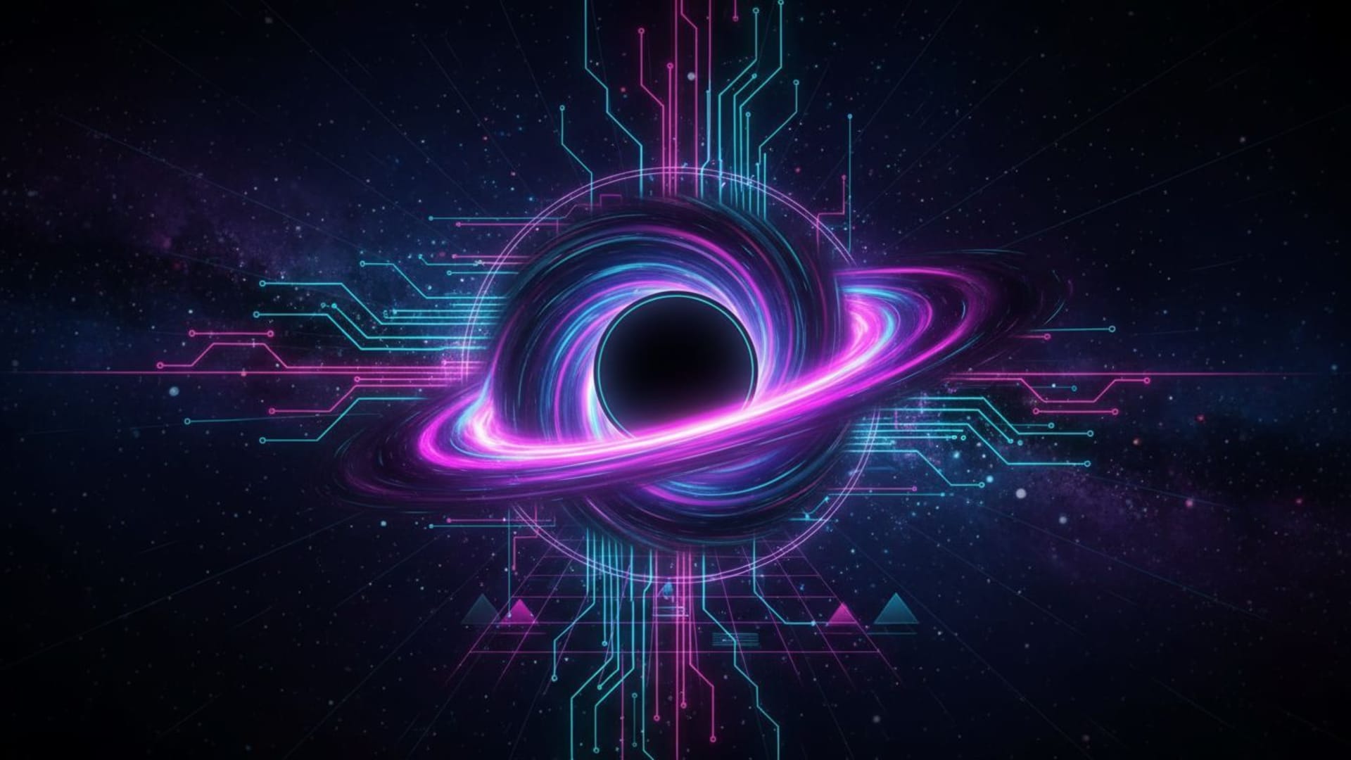 espace trou noir néon lueur futuriste grille circuit imprimé science-fiction fond ecran synthwave