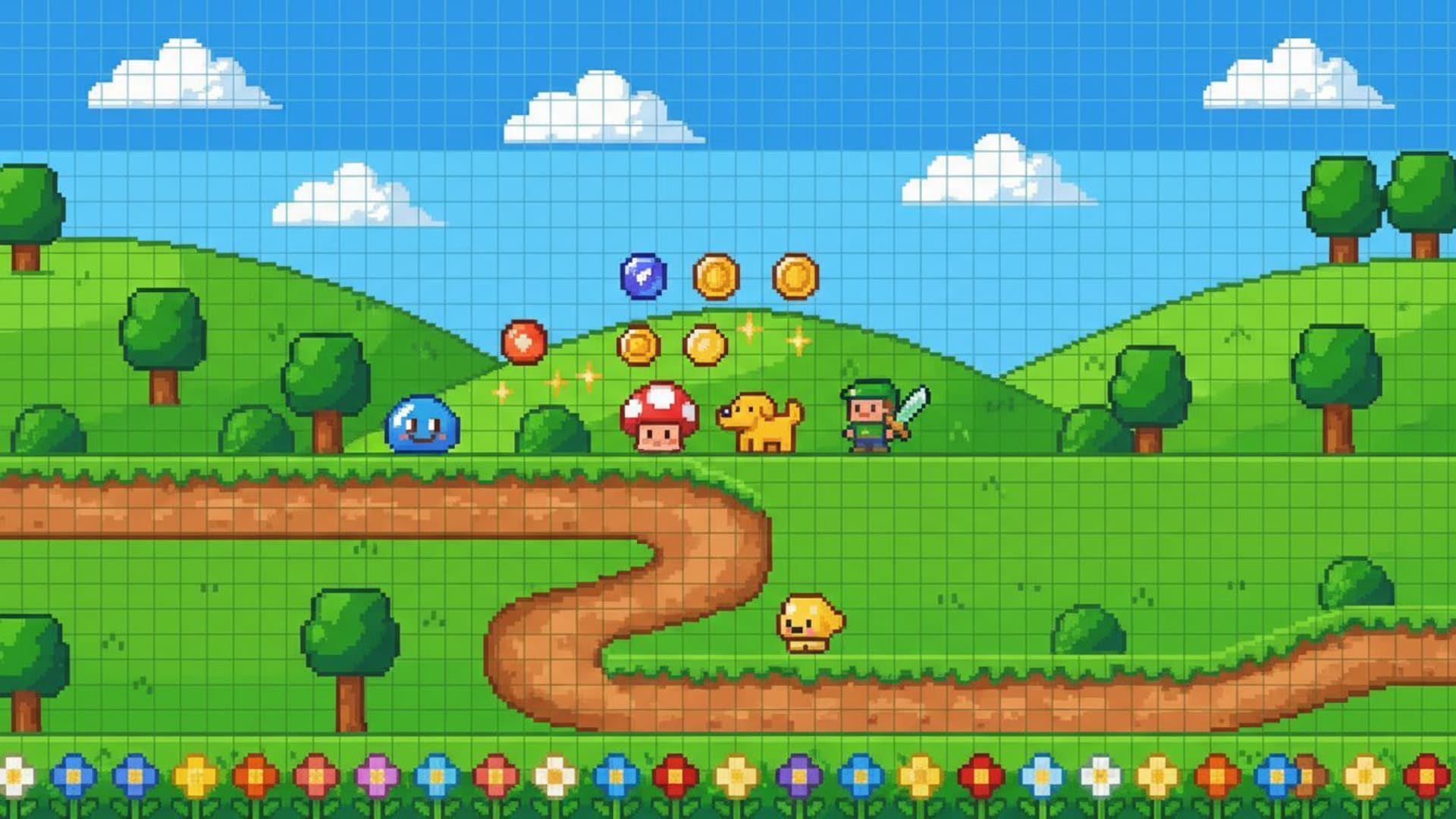 pixel art jeu rétro 8 bits paysage nostalgique personnages mignons colorés vibrant grille tuile