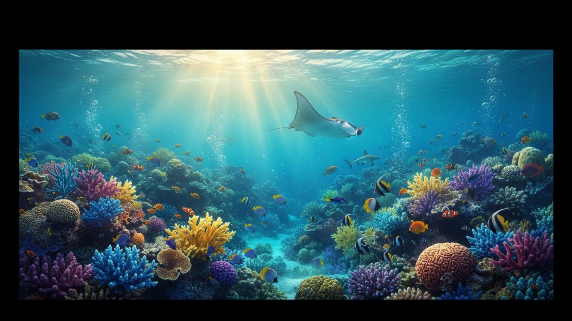 REEF sous-marin corail poisson bulle lumière rayons tropical vif fond ecran
