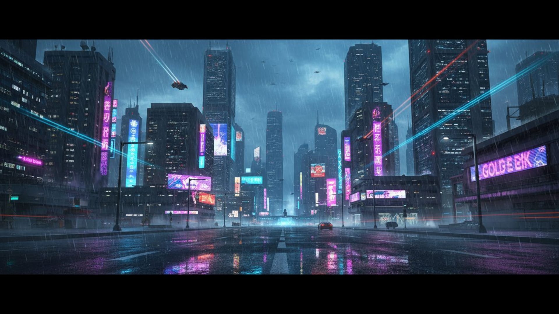 paysage urbain nocturne cyberpunk neon pluvieux reflets rues mouillées nuit scène de ville fond d'écran