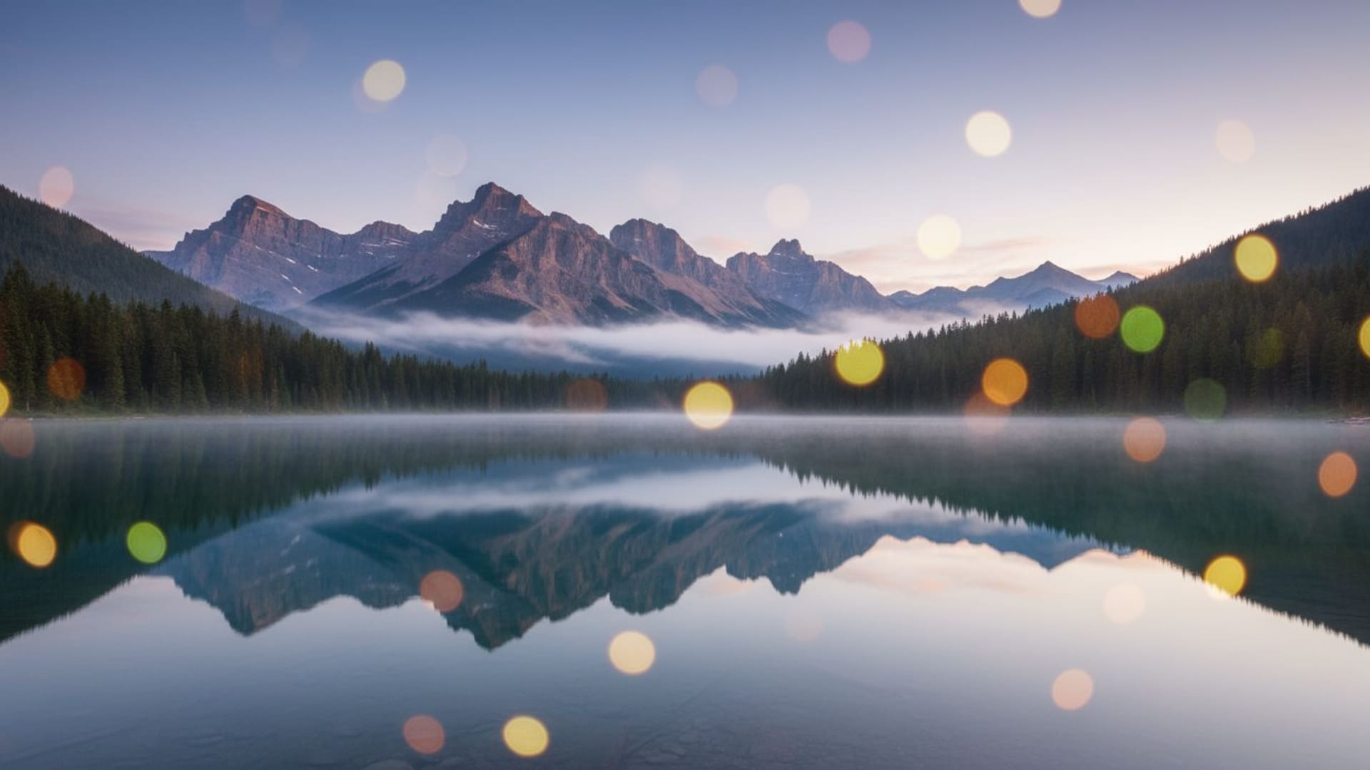 Reflet d’un lac de montagne eau calme bokeh forêt paysage fond ecran brume