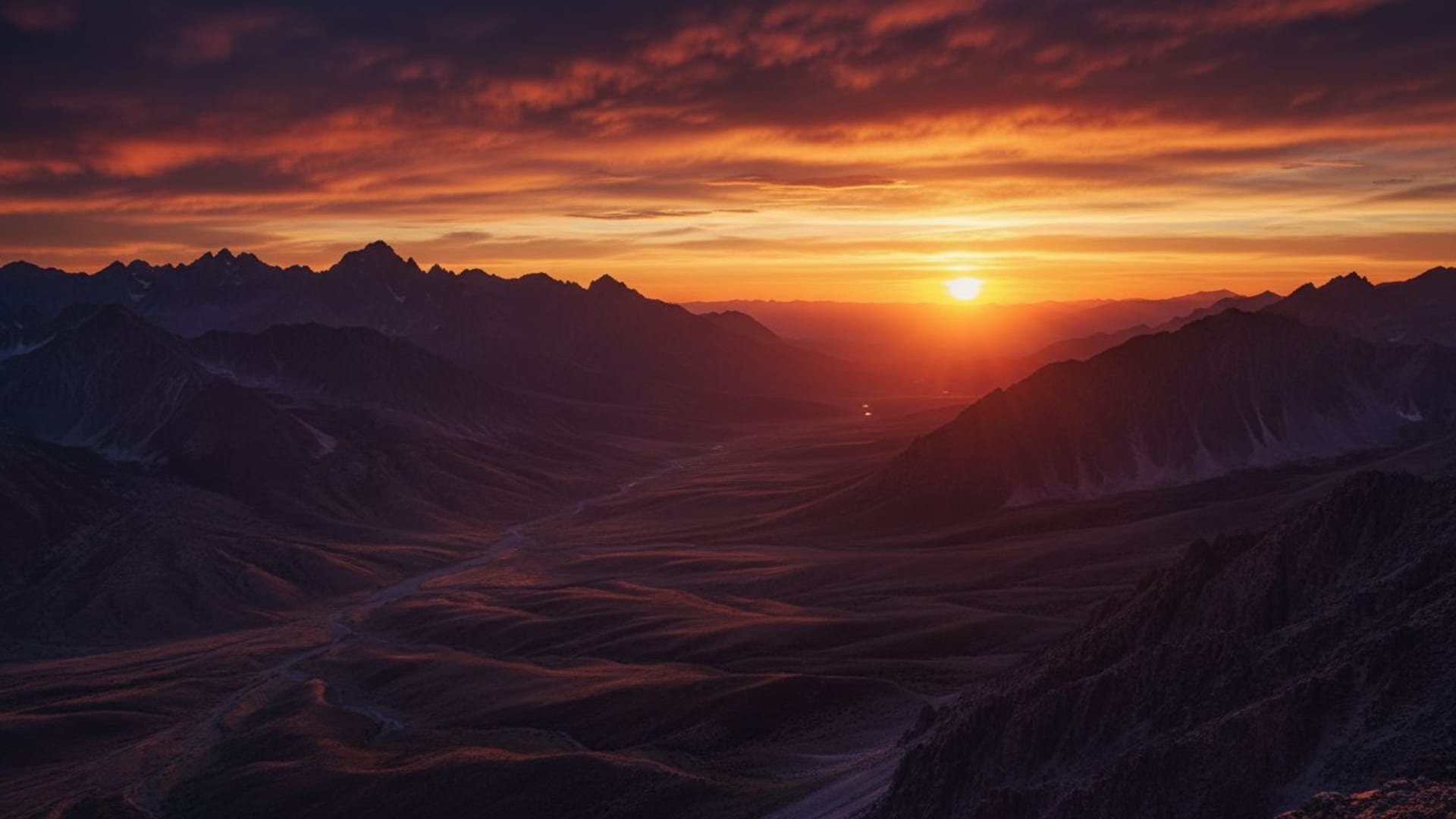 Coucher de soleil dramatique sur des montagnes en silhouette dans la vallée, longues ombres et teintes chaudes.