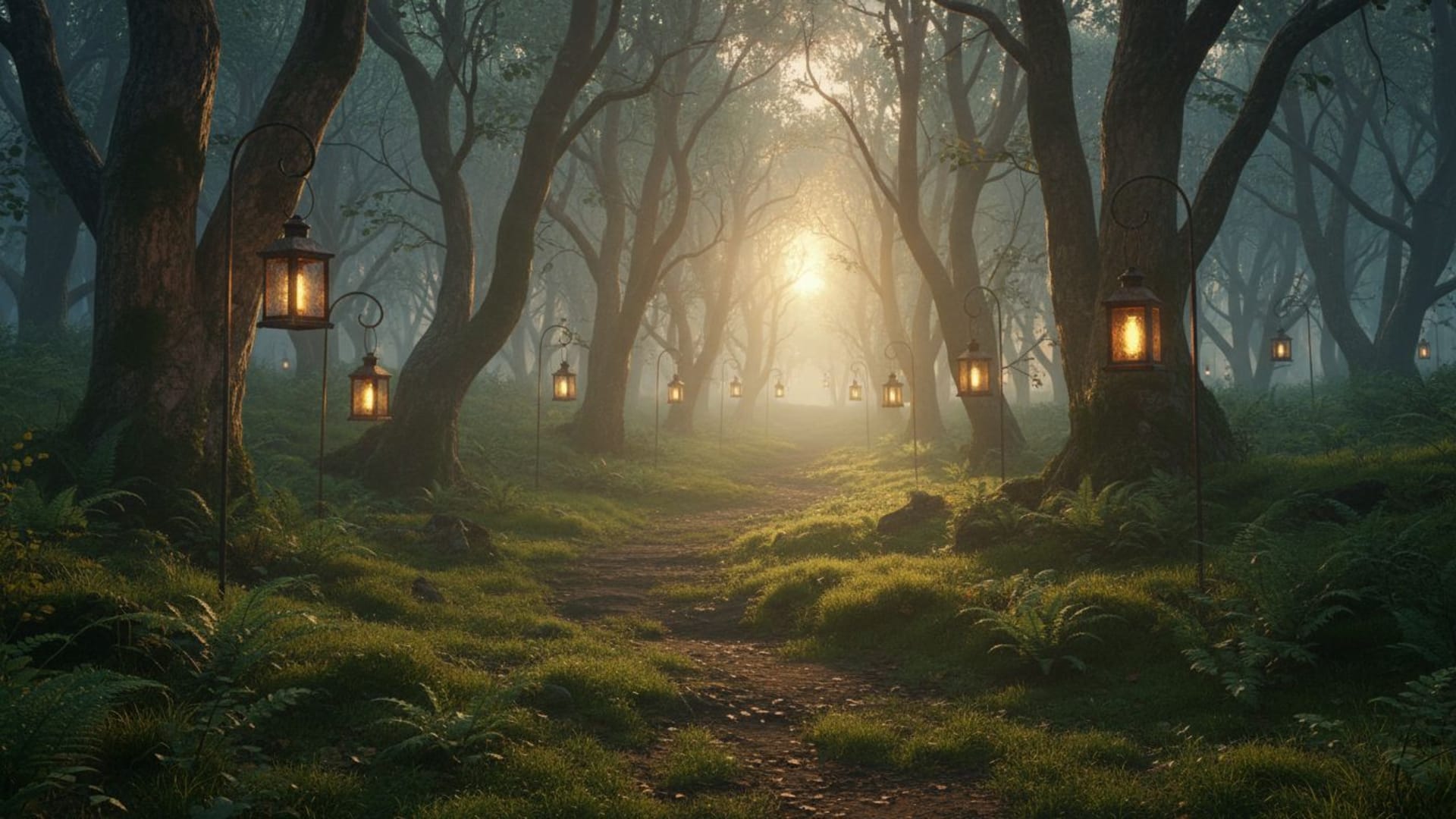 chemin forestier boisée mousses lanternes lever de soleil brumeux fond d'écran cinématographique sentier