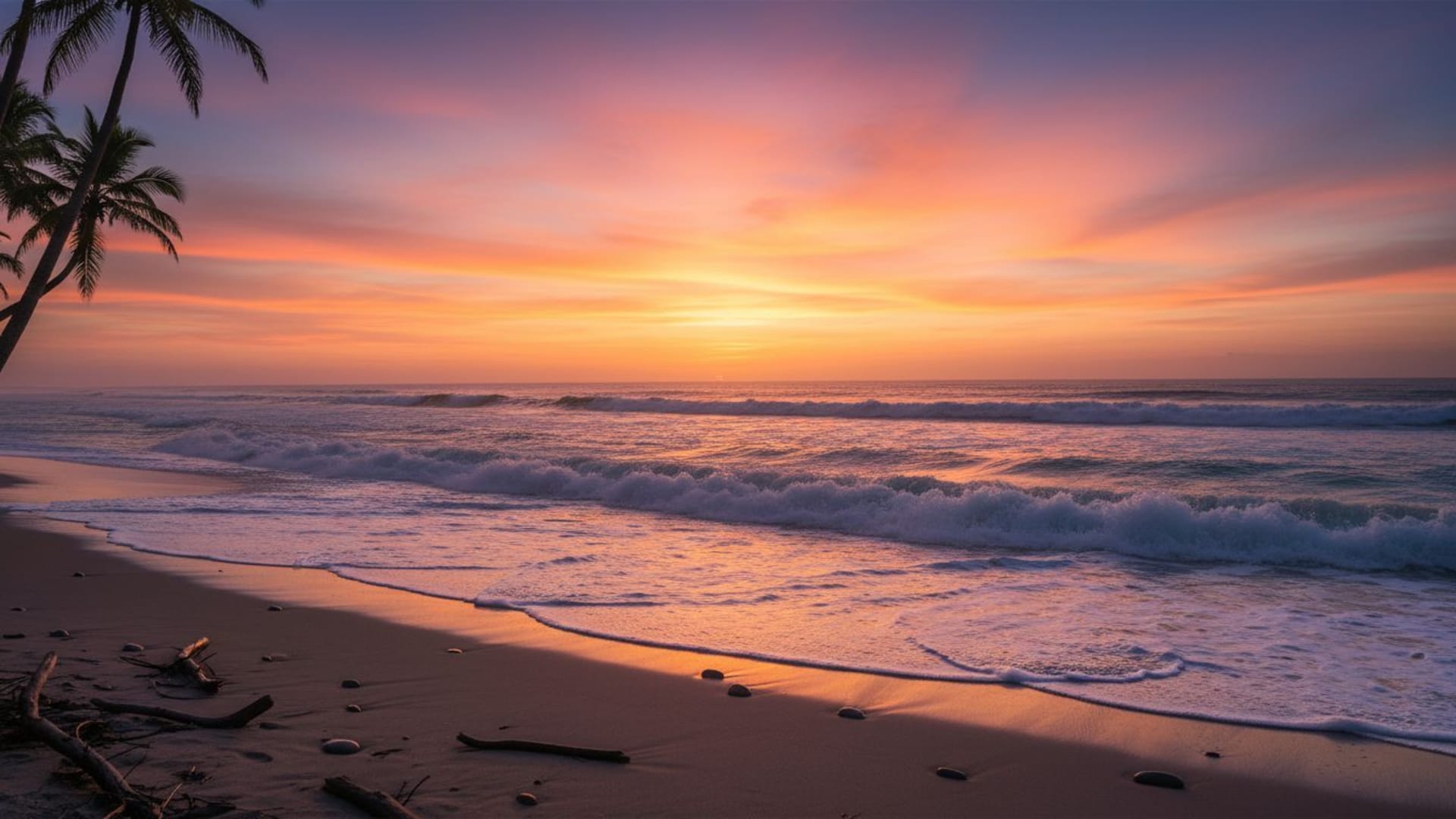 coucher de soleil sur la plage côtière vagues silhouettes de palmiers paysage serein brise océan