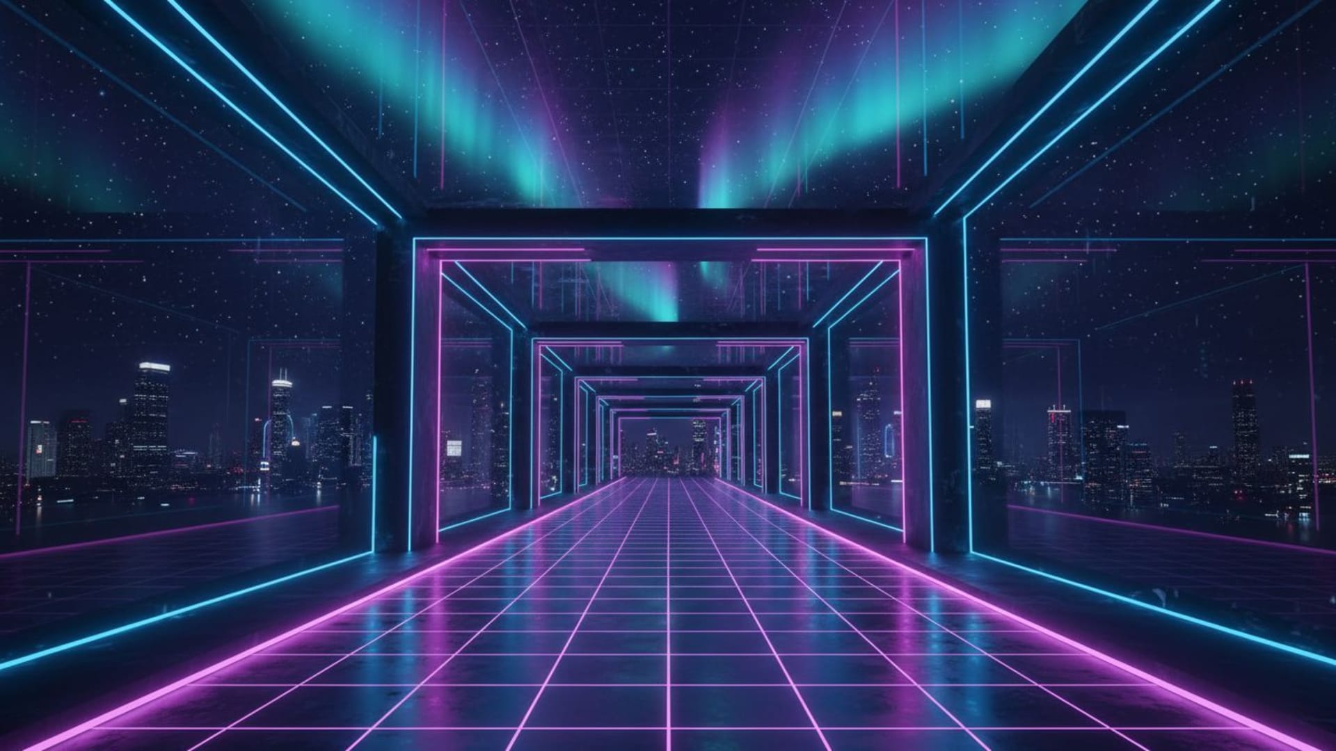Couloir futuriste en néon galactique avec'une aurora, tunnel, fond d'écran de science-fiction, lumières, grille, cyberspace, espace, rêve, nuit, urbain