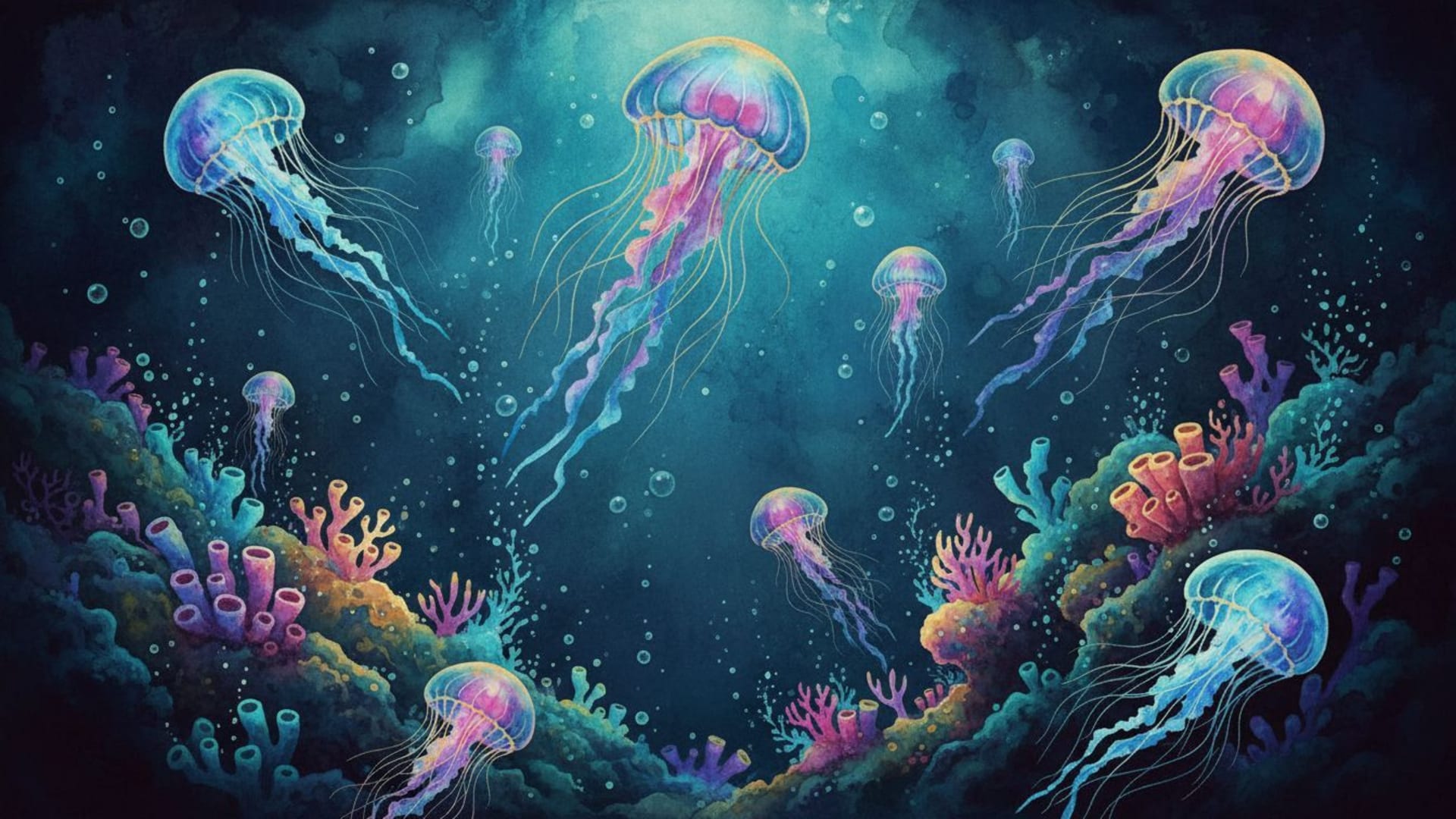 Aquarelle de méduse, océan, récif, mer profonde, lueur bioluminescente, fond ecran surréaliste.