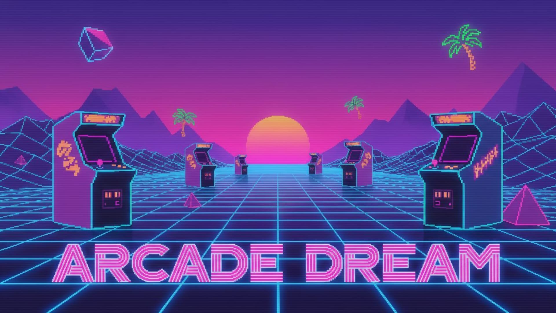 art rétro des années 80 arcade pixel néon grille fond ecran synthwave vaporwave