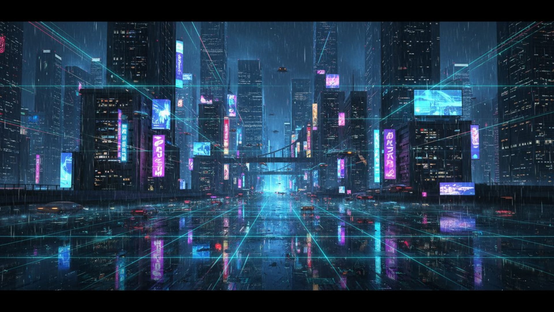 Paysage urbain cyberpunk néon grille pluie reflets paysage nocturne futuriste skyline art numérique