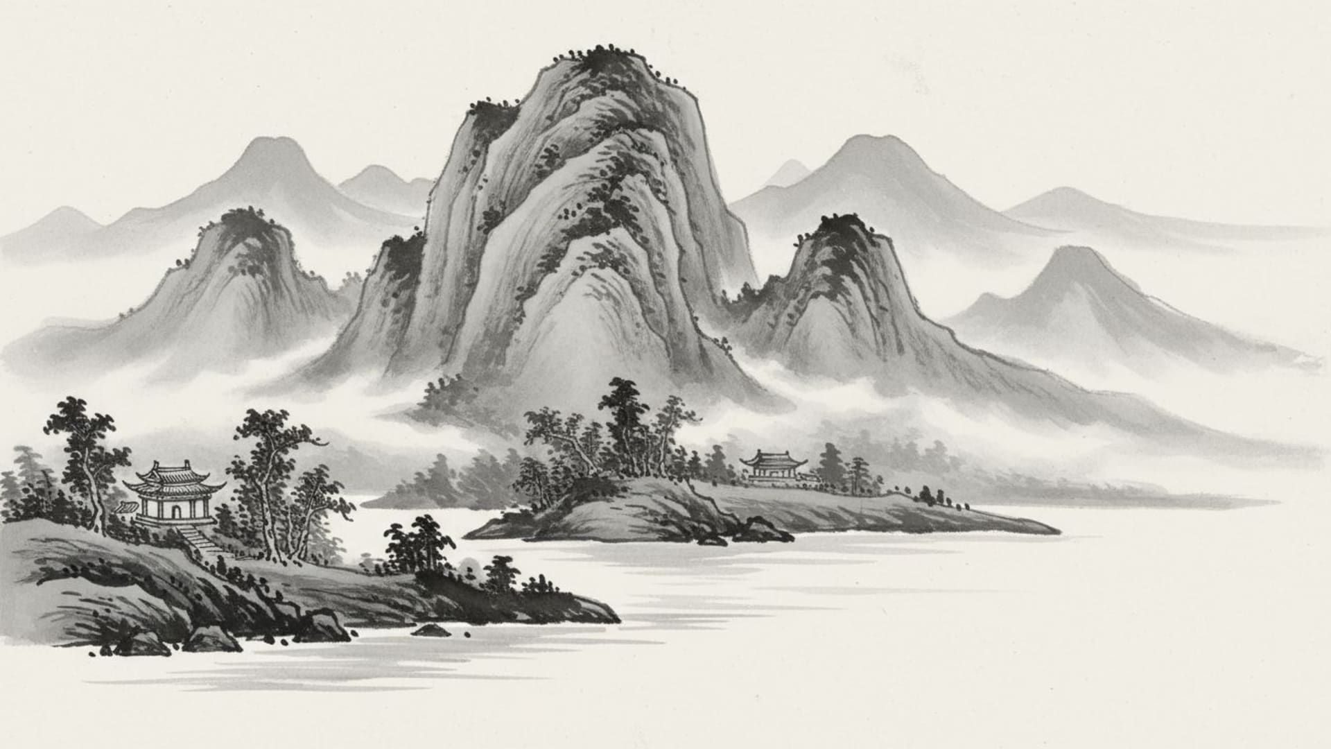 peinture à l'encre asiatique sumi-e montagnes eau coups de pinceau subtil monochrome fond ecran