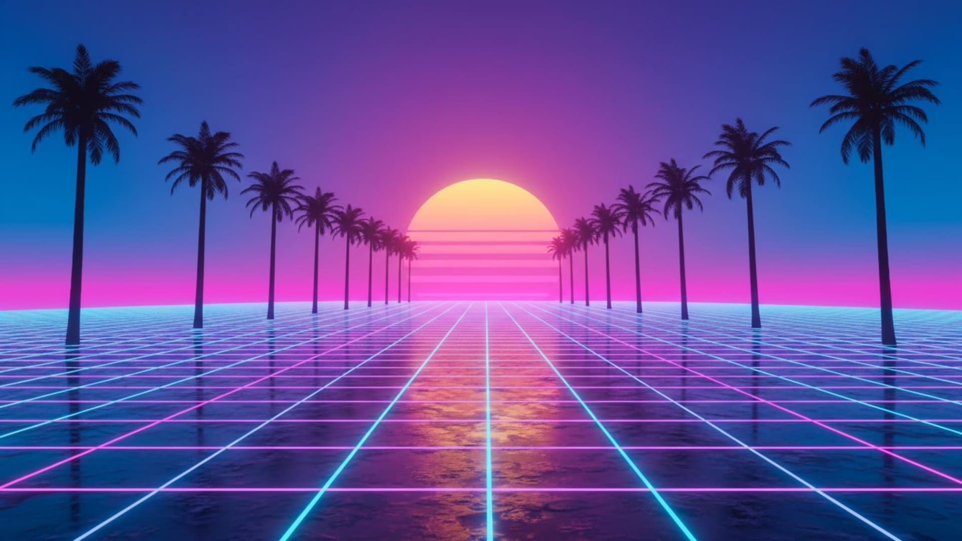 vaporwave rétro synthwave néon coucher de soleil palmiers arbre de palmier grille horizon