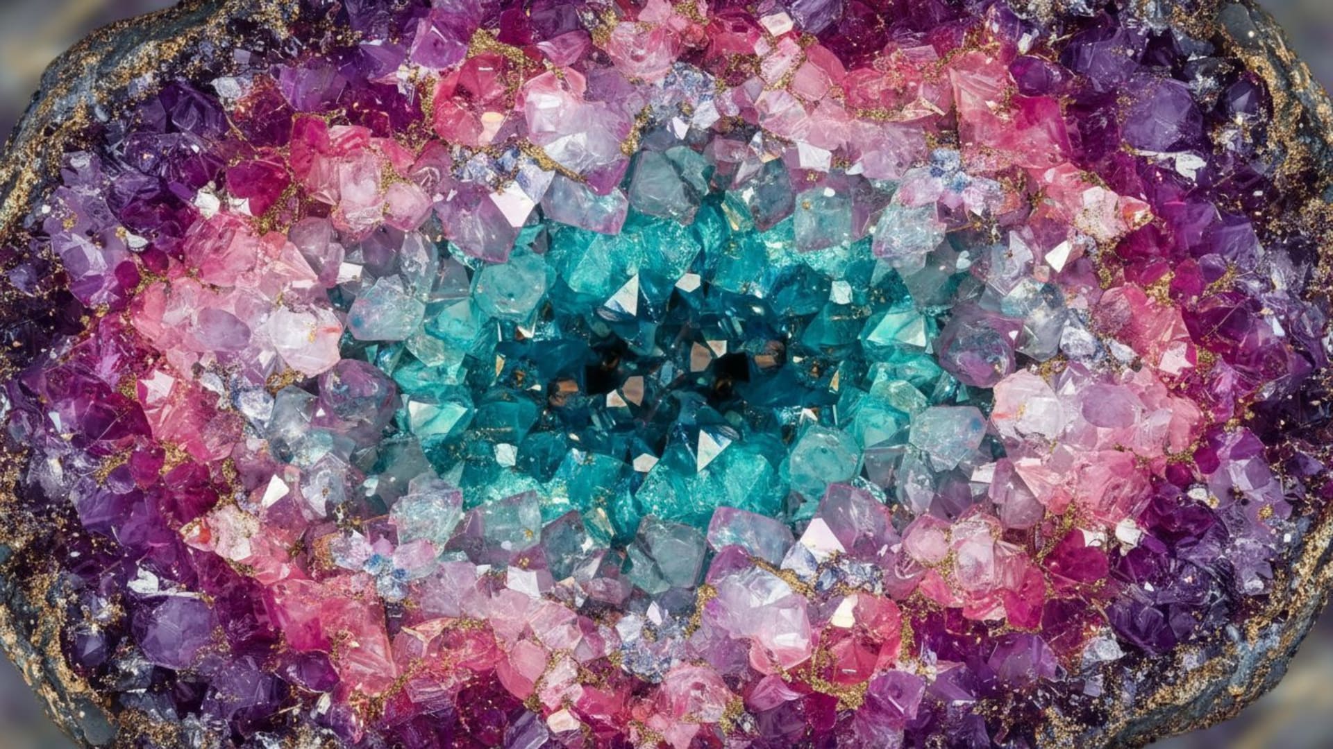 fond ecran géode de cristal gros plan texture minérale turquoise rose violet scintillement
