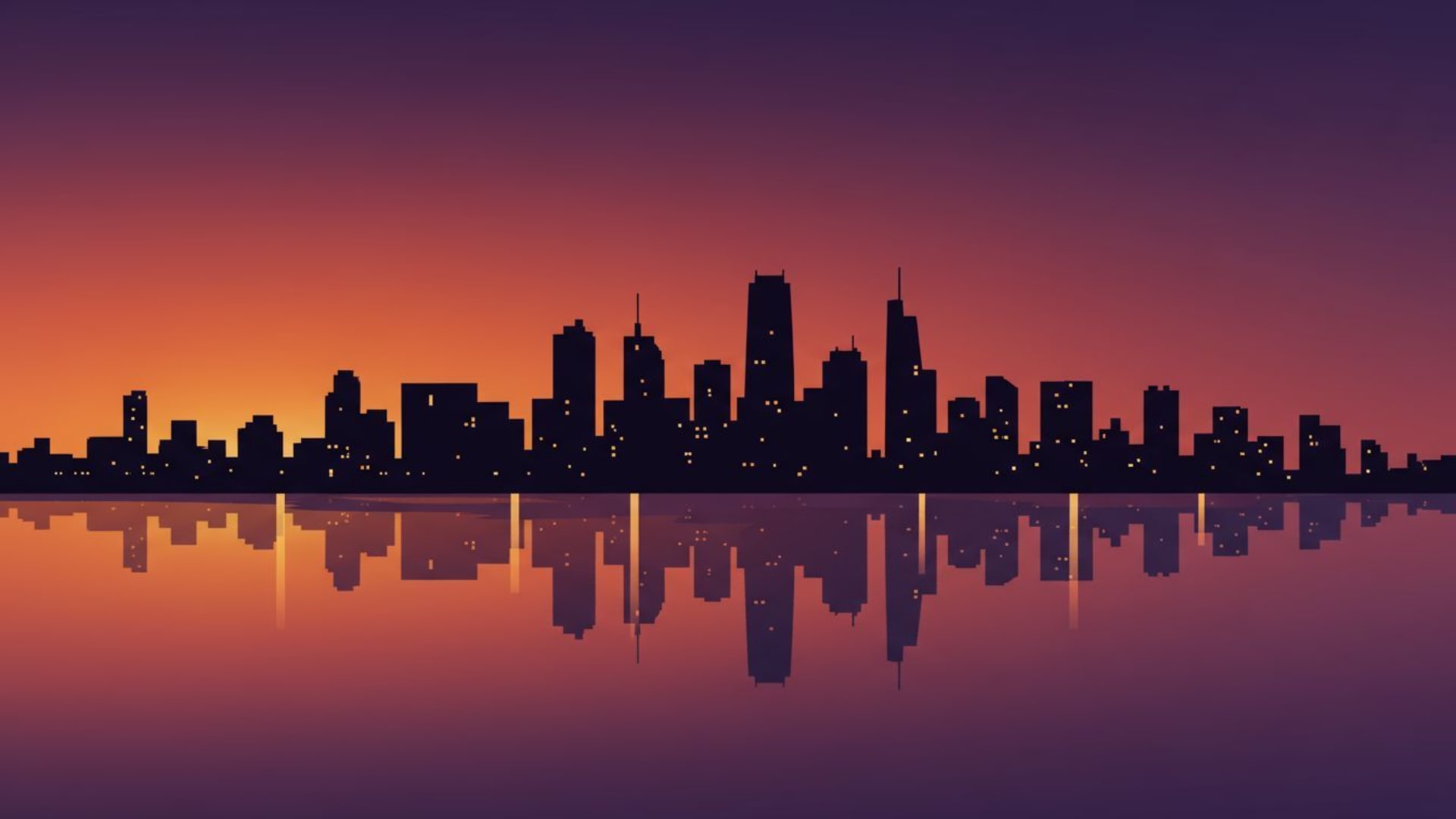 silhouette de la skyline de la ville au coucher du soleil avec un dégradé orange et violet, fond d'écran minimaliste urbain nocturne avec reflets