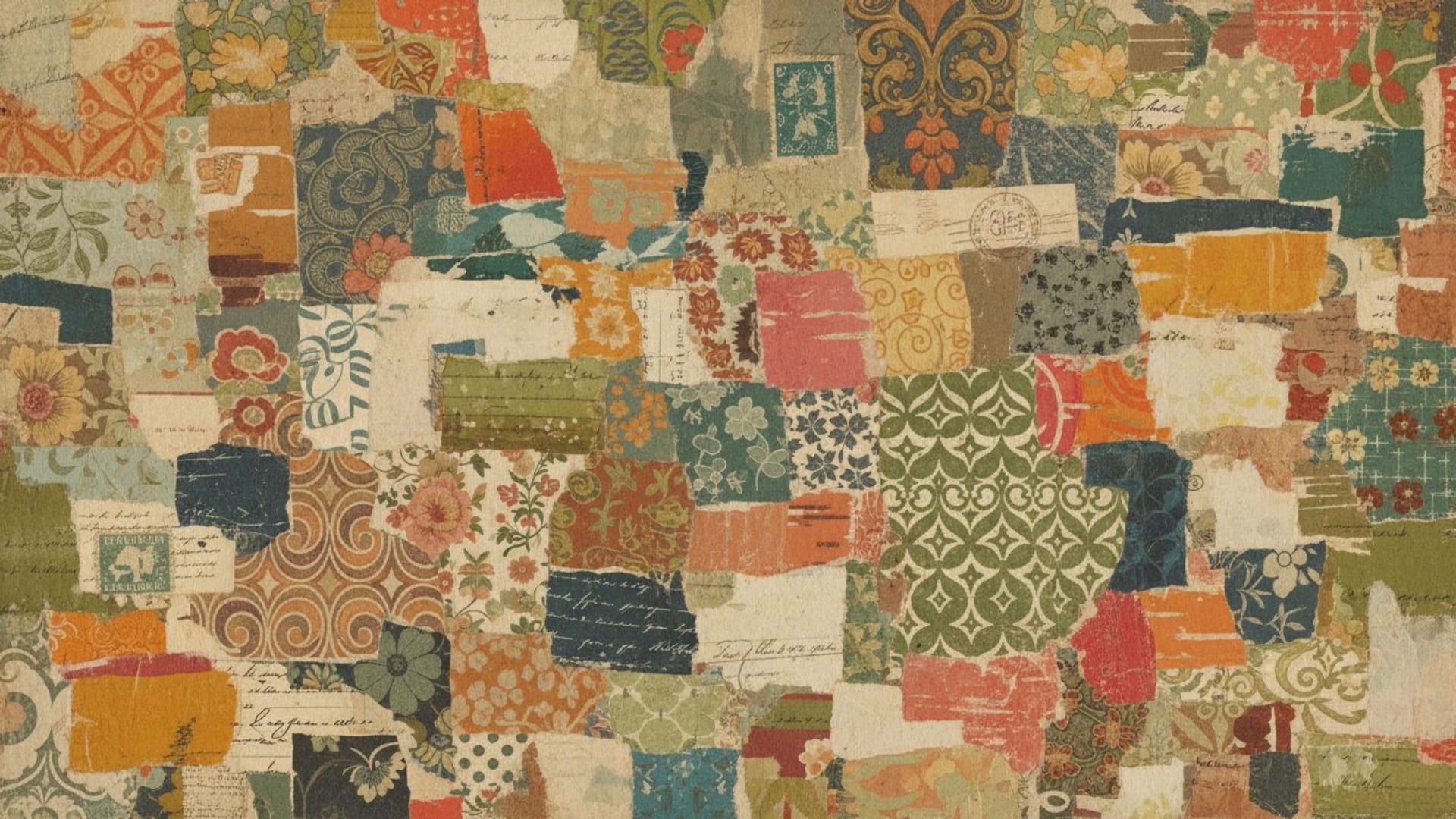 collage de textures de papier, débris, fond ecran vintage, éclectique, coloré, fait main, style rétro