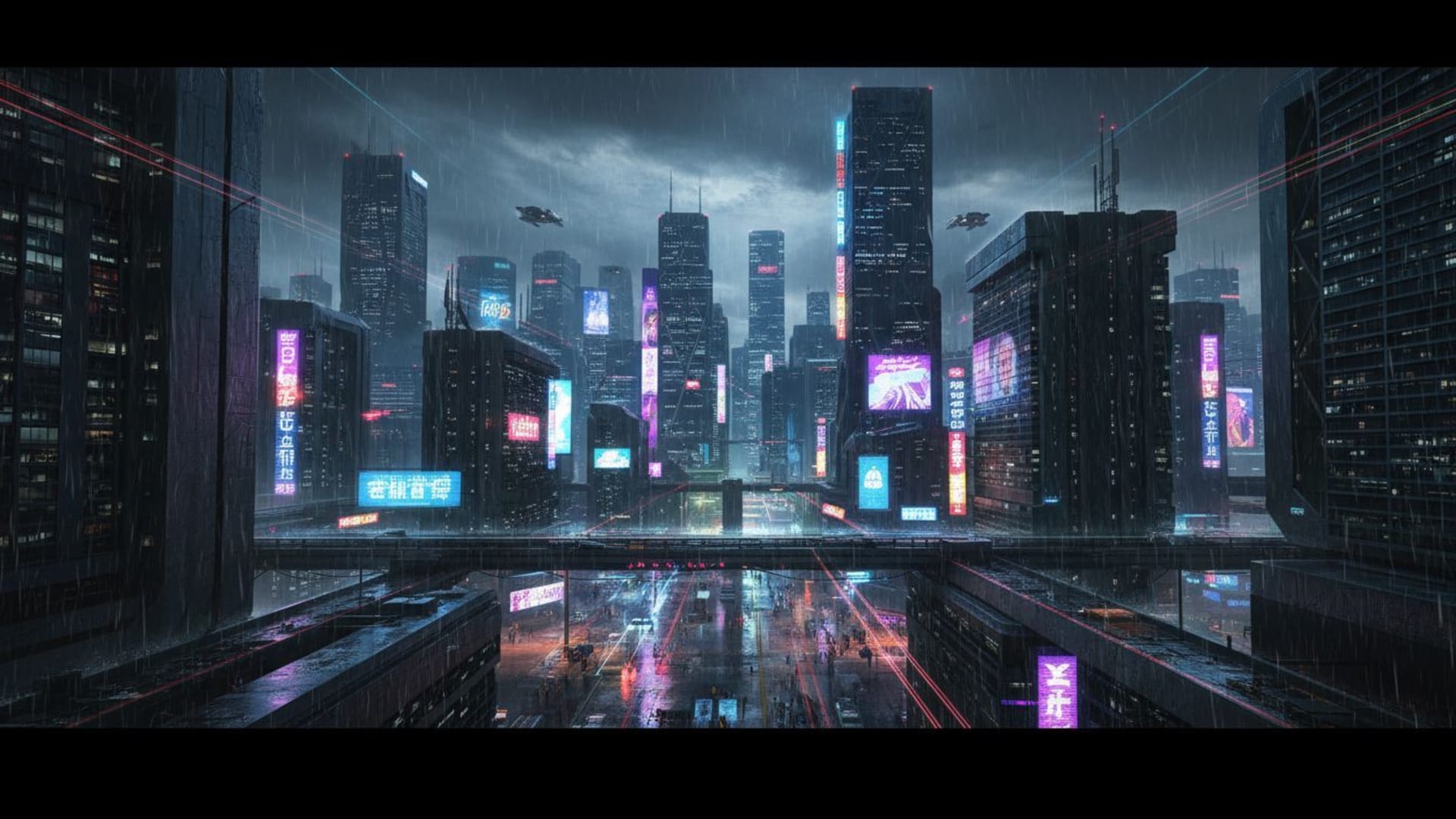 nuit de ville cyberpunk avec néon, pluie, reflets, horizon futuriste, ambiance sombre et mélancolique