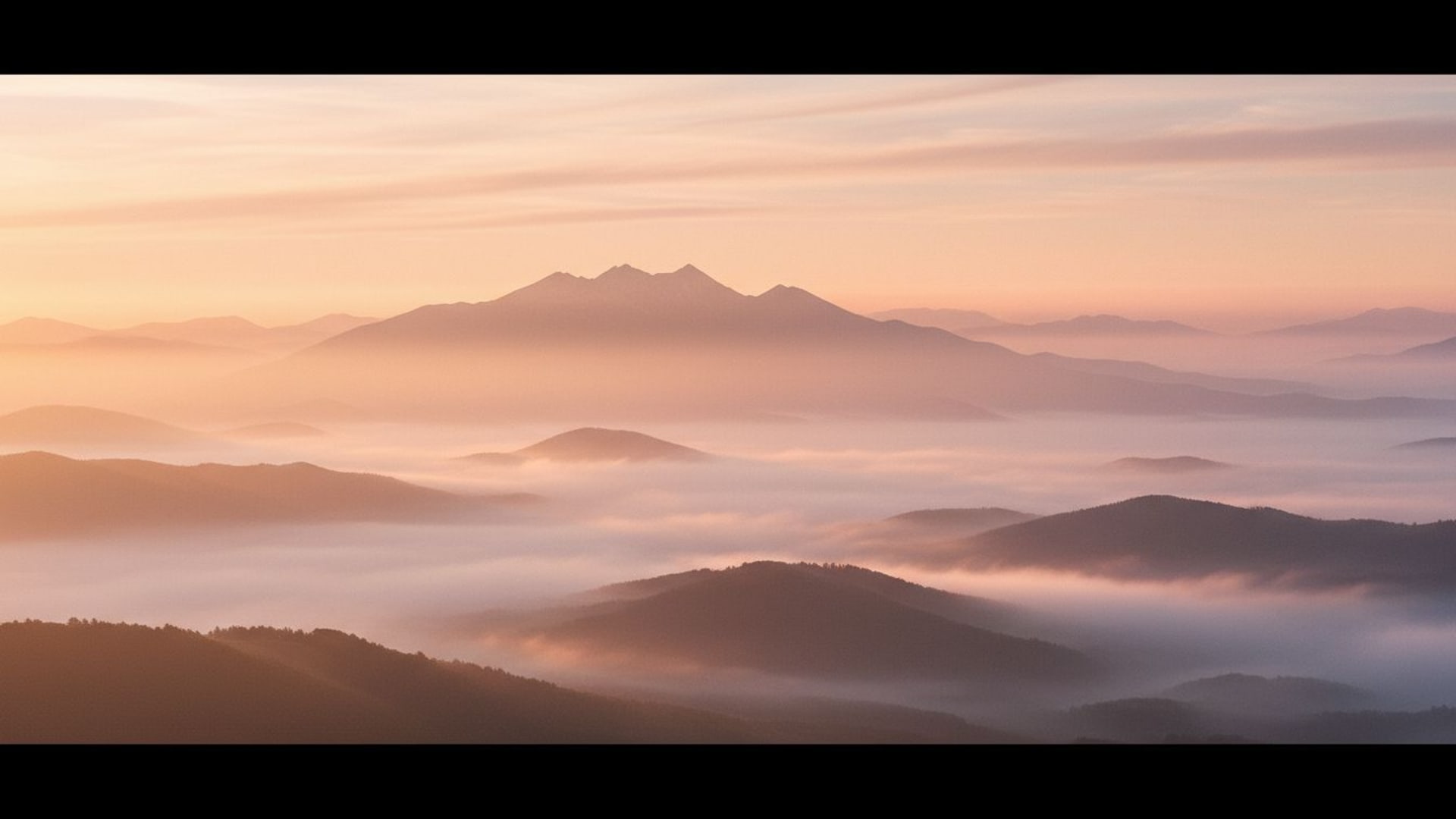 paysage de lever de soleil nébuleux montagnes brumeuses ciels pêche chauds pastel fond ecran ambiance douce matinée sérénité
