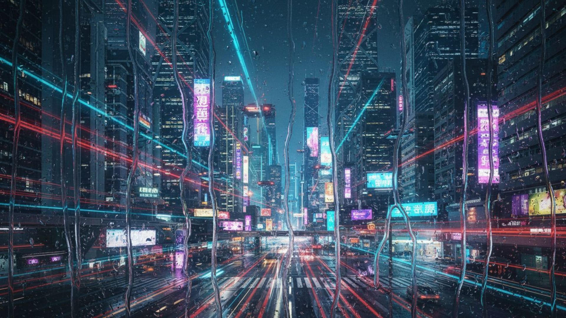 ville néon nightlife horizon futuriste pluie reflets cyberpunk grille flou de mouvement chrome verre