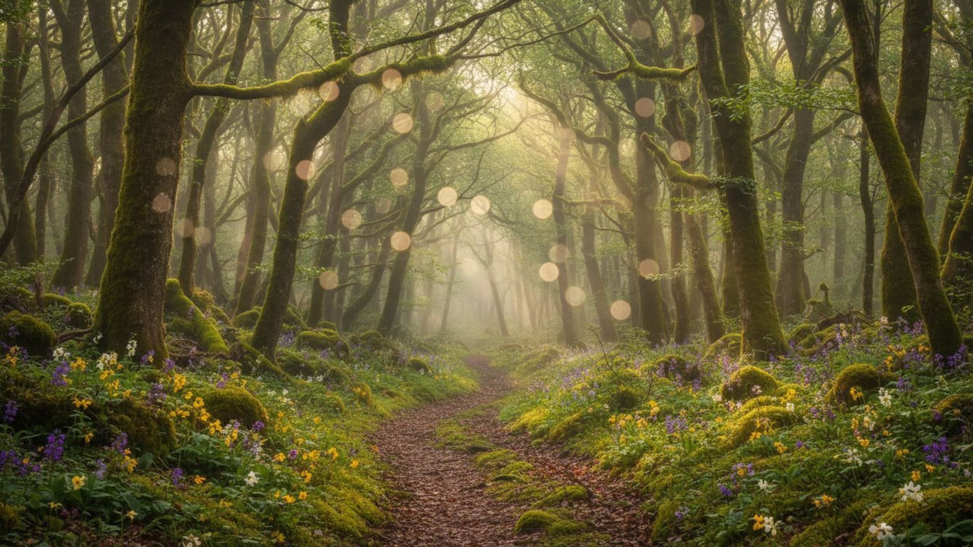 mousse de forêt lumière du soleil flou fleurs sauvages brouillard sentier forêt sérénité nature fond ecran