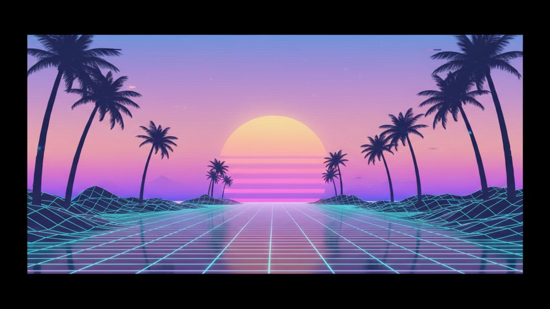 vapeur rétro pastel synthwave palmiers coucher de soleil grille horizon ambiance tropicale des années 80