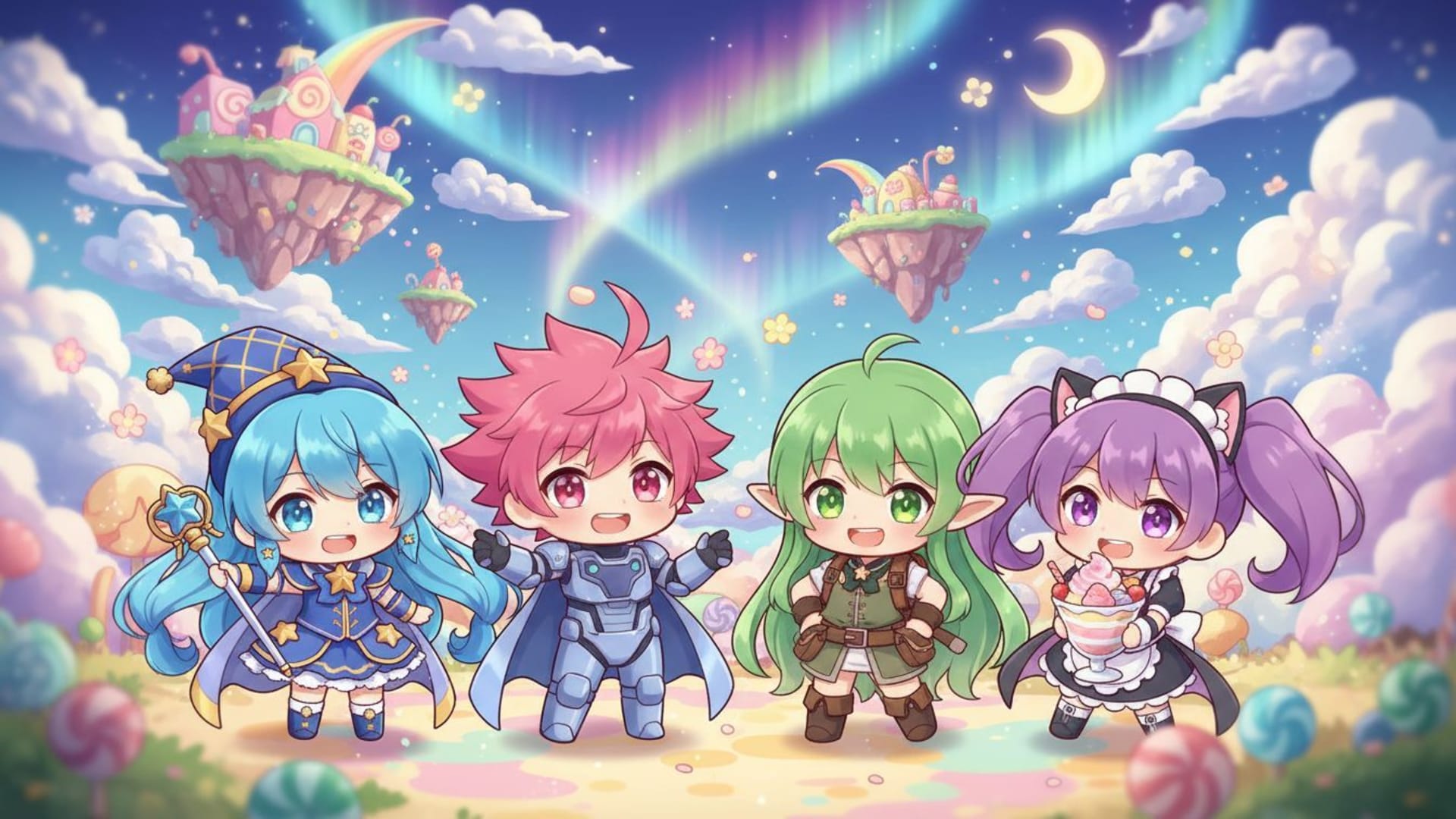 Personnages de style anime chibi, colorés, avec un dégradé doux, fond vibrant, illustration, fond d'écran
