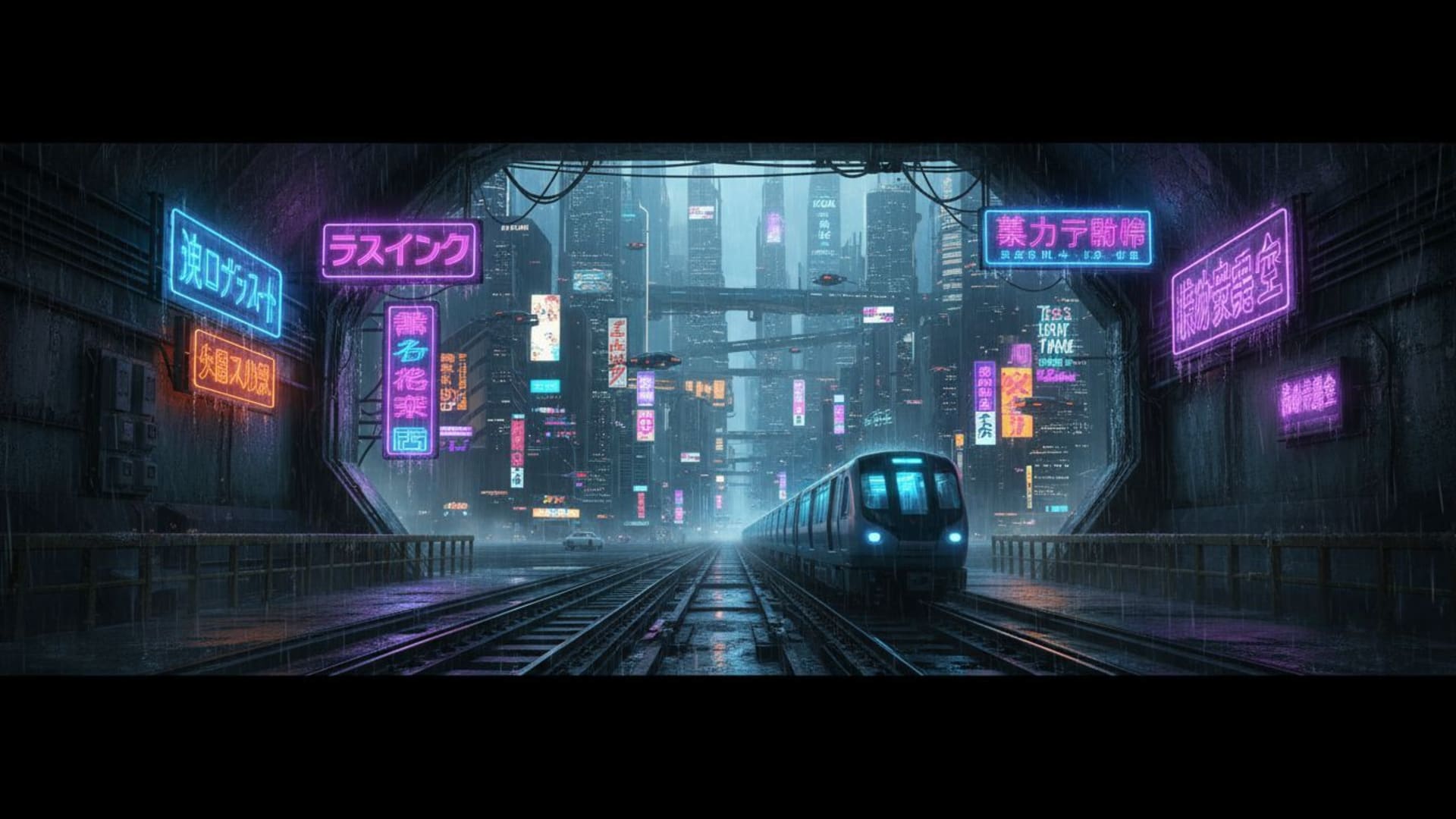 poursuite cyberpunk mouillée de pluie panneaux néons tunnel de métro paysage urbain futuriste fond d'écran