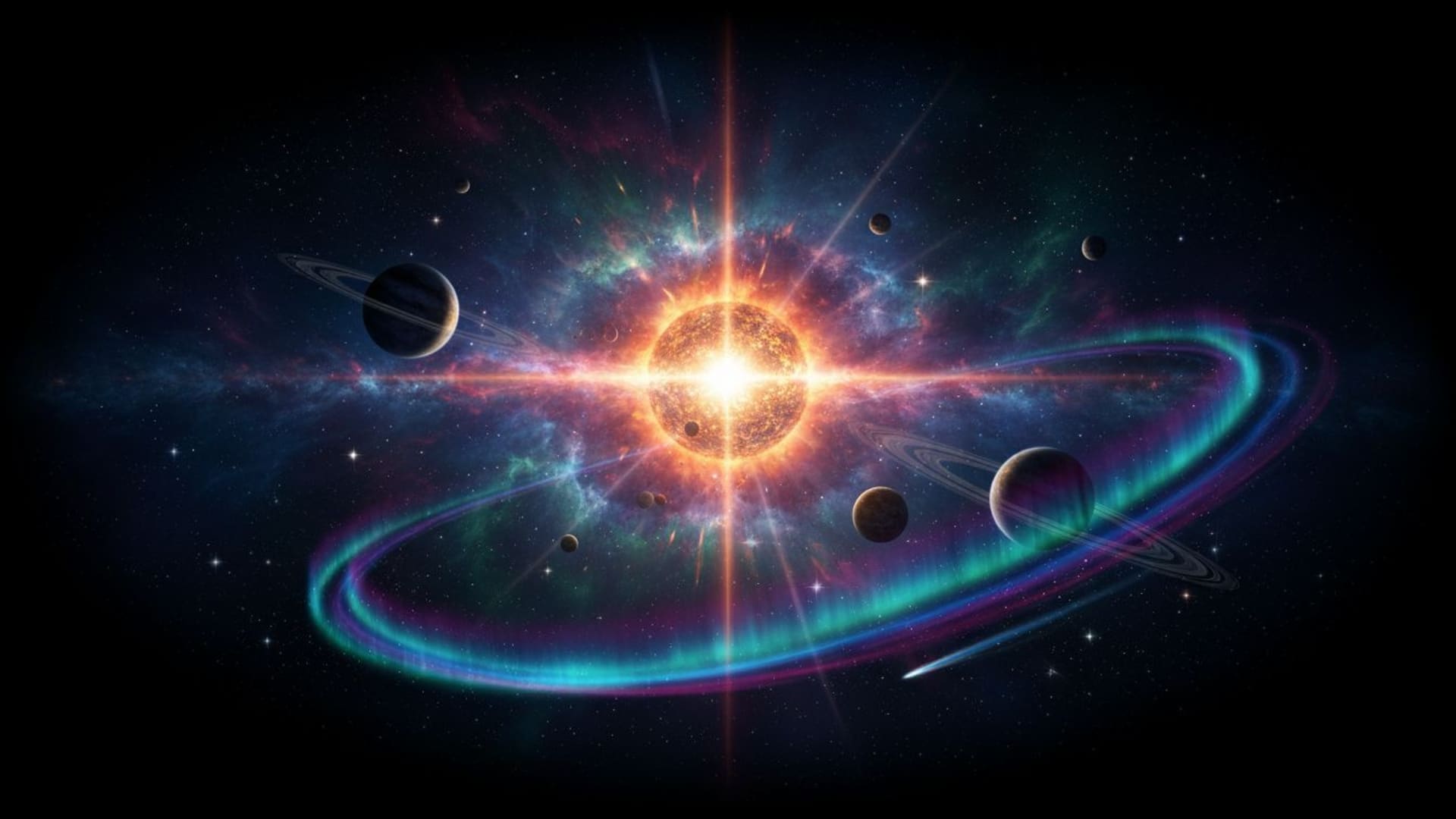espace galactique nébuleuse étoiles planètes sombre cosmique lever du soleil aurore vignette