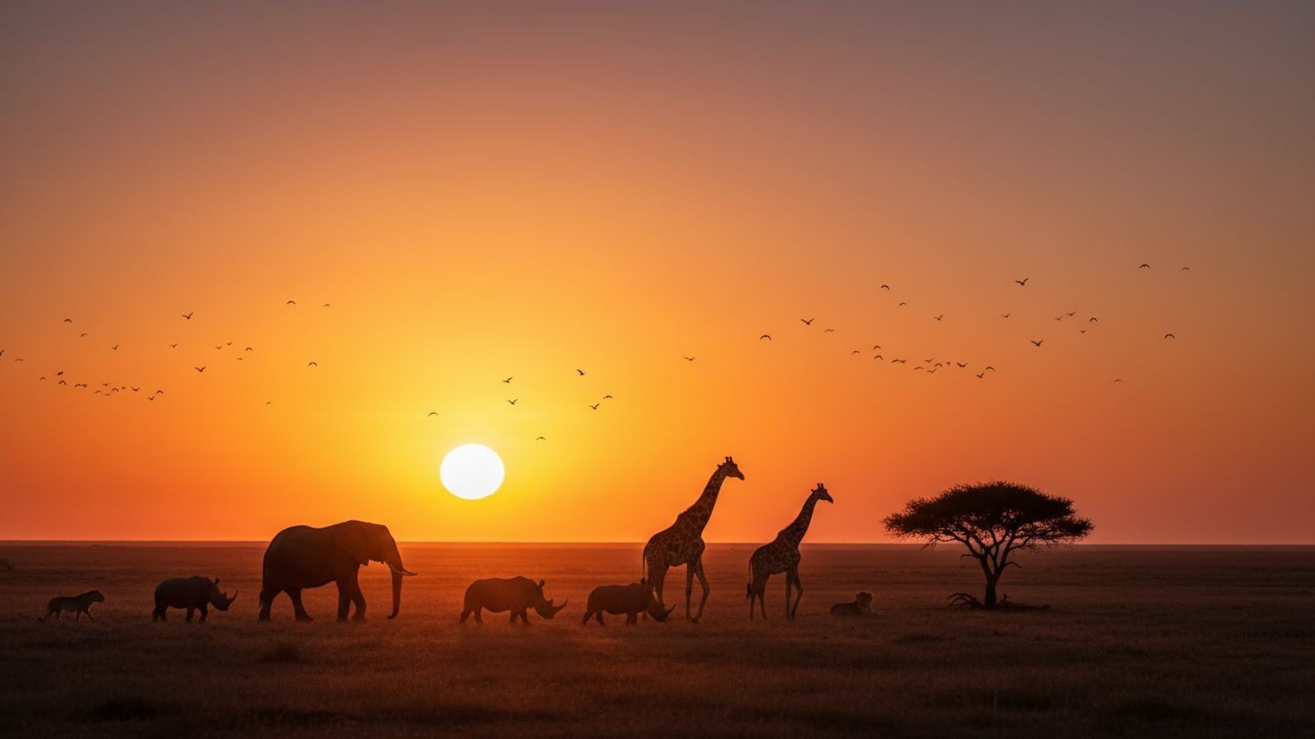silhouette d'animaux de safari sauvage au coucher du soleil sur les plaines d'Afrique fond d'écran nature
